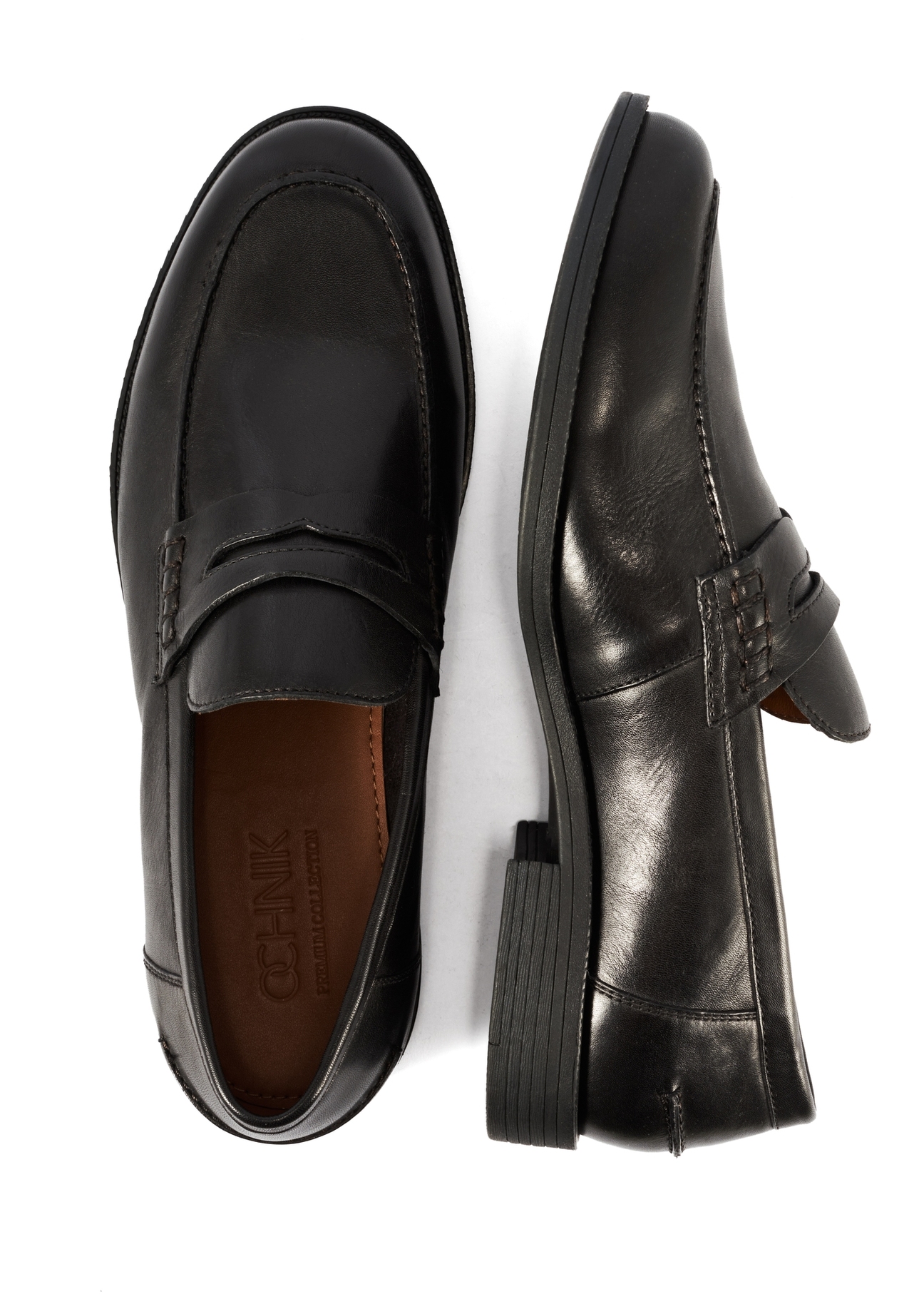 Men's leather black moccasins BUTYM-0506-99(Z25), product view from the top and side on a white background.
