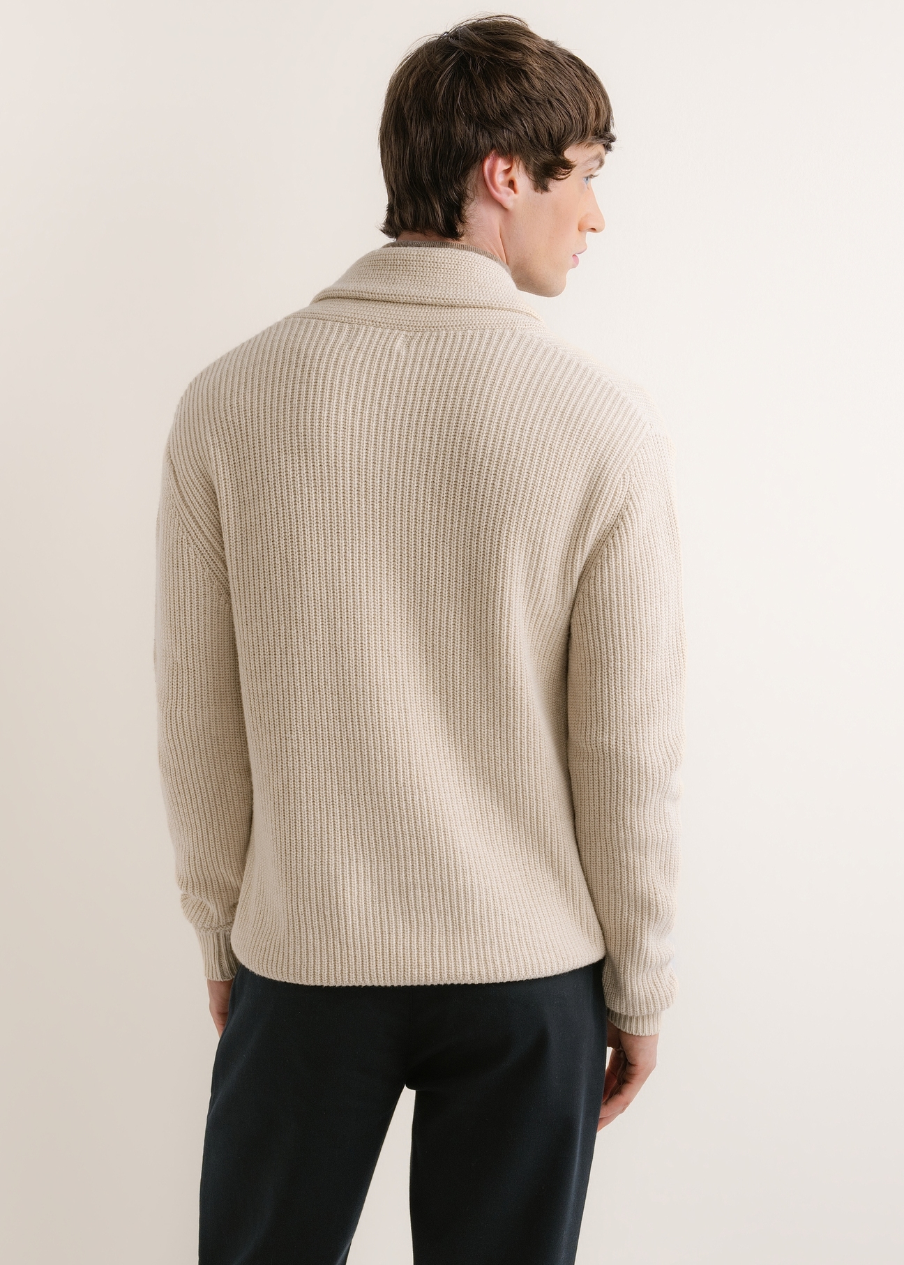 Light beige men's cardigan KARMT-0006-1A(Z26), rear view on a model. Half of the figure is visible.