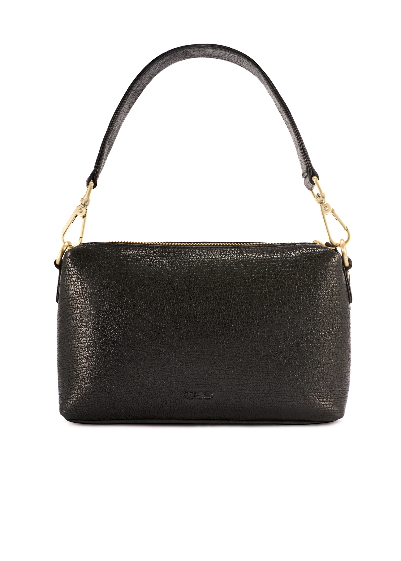 Black leather handbag with decorative weave TORES-1243-9P(W26), product view from the front on a white background.