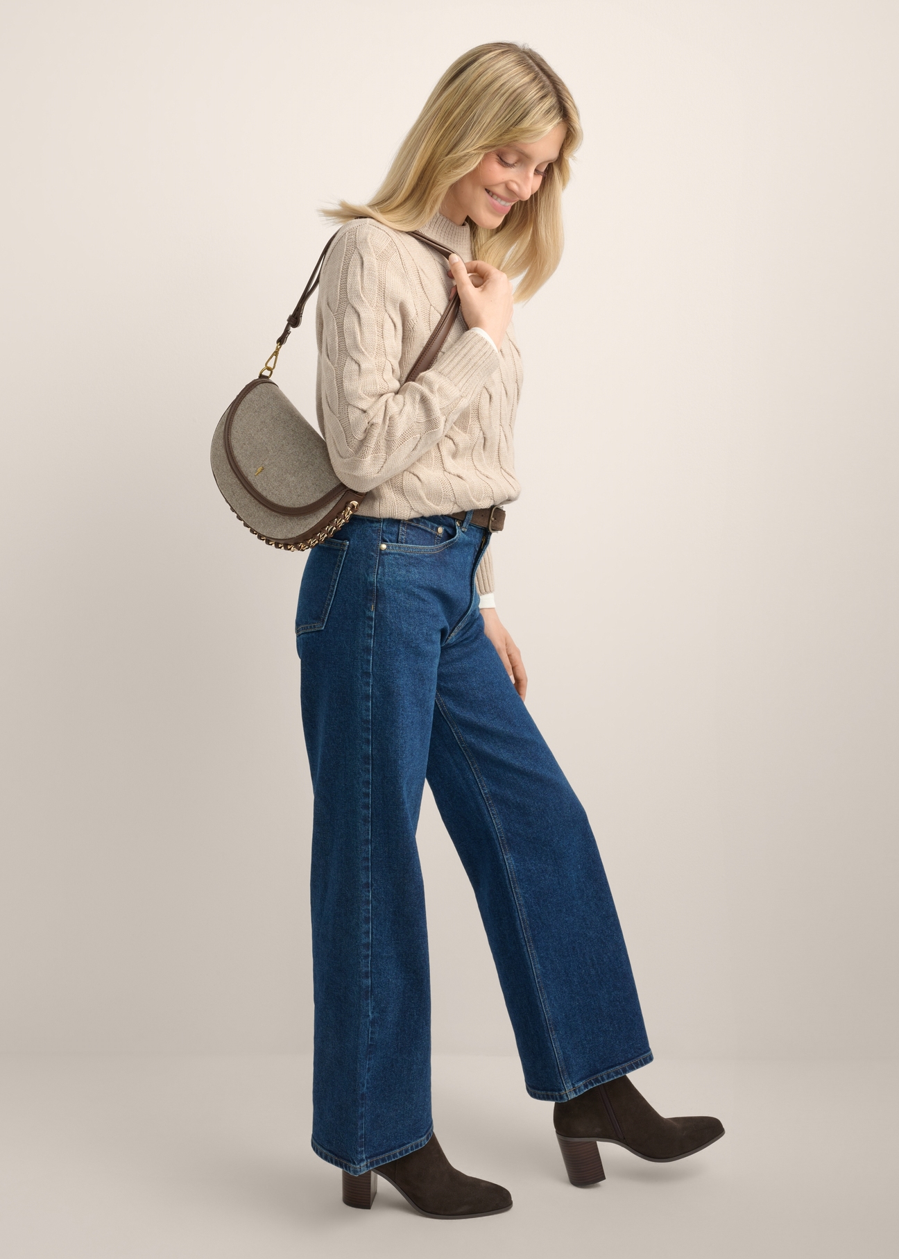 Beige herringbone women's shoulder bag TOREC-1329-1P(Z26)