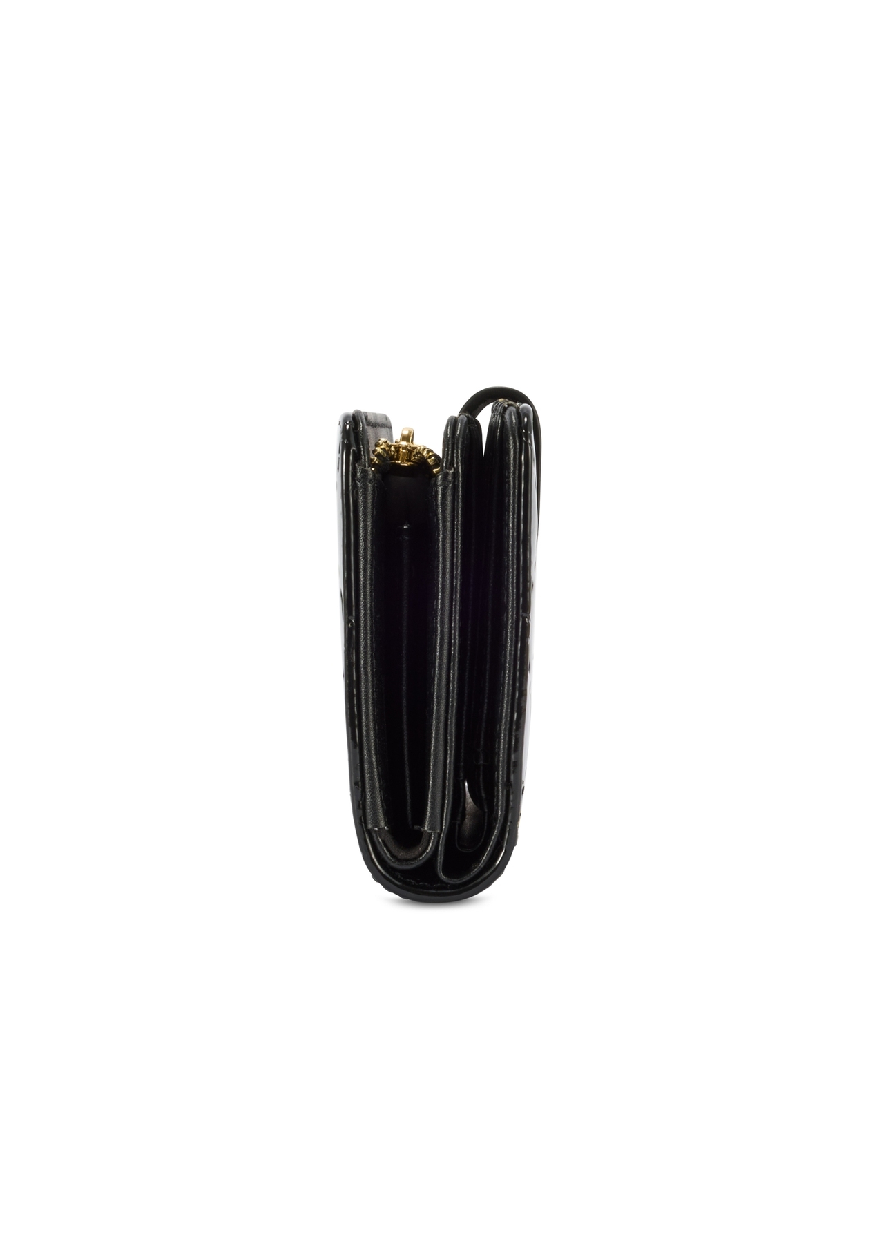 Black women's wallet with monogram POREC-0420-98(Z25) - side view of the product on a white background.
