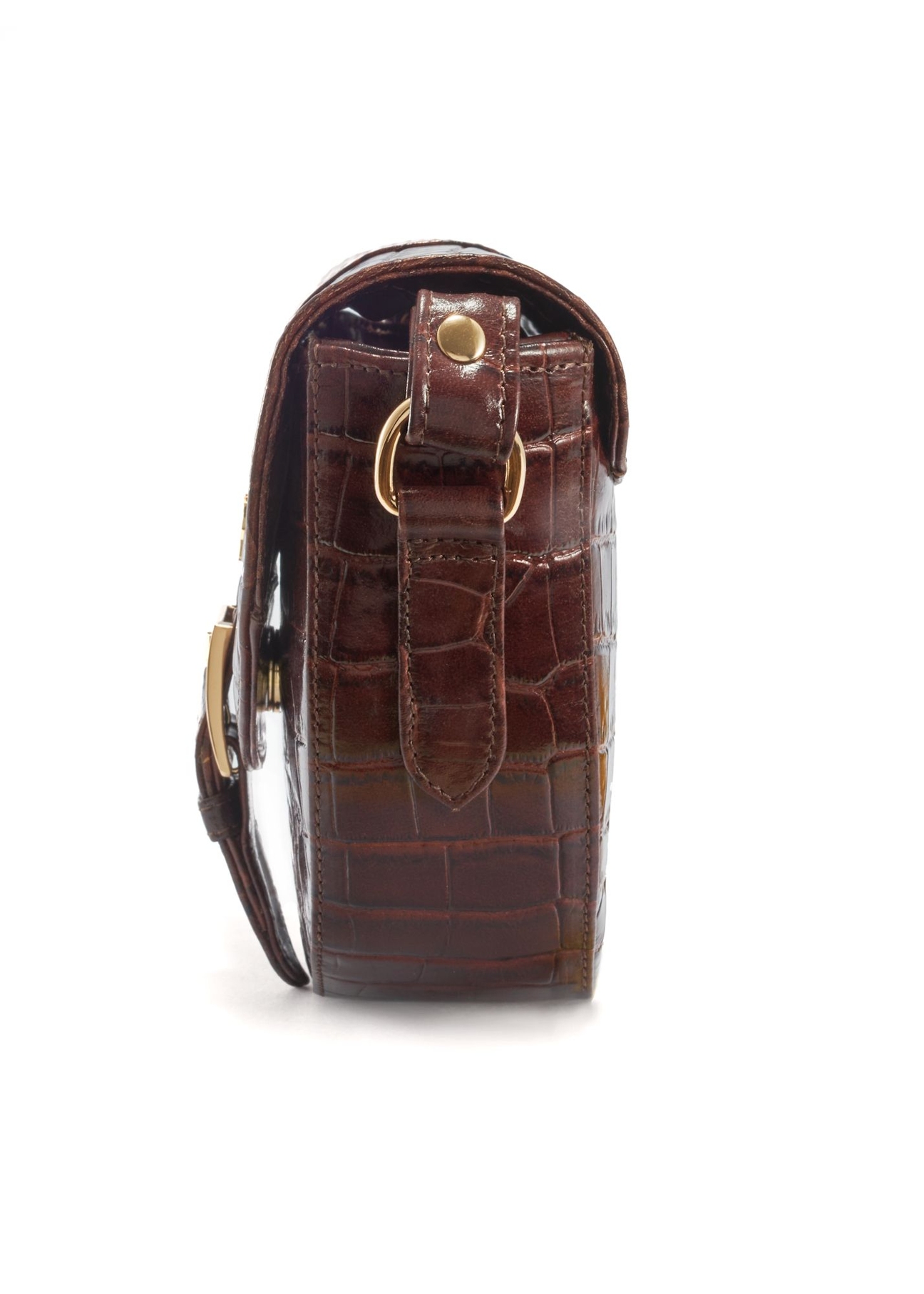 Brown croco leather handbag TORES-0707F-1H(W26), side product view on white background.