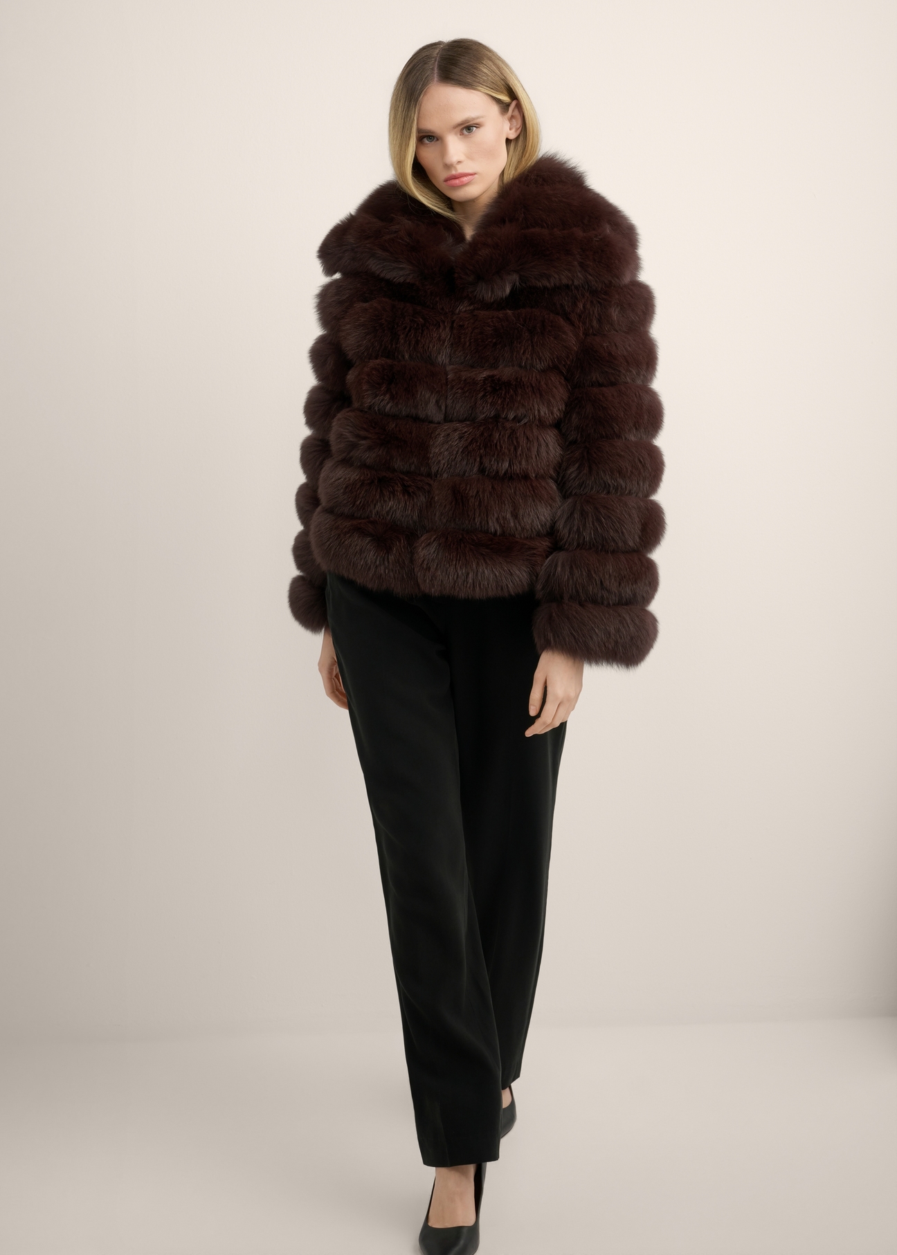 Women's brown fur coat with collar FUTDF-0100-1H(Z26), product view from the front of the model. Full body visible.