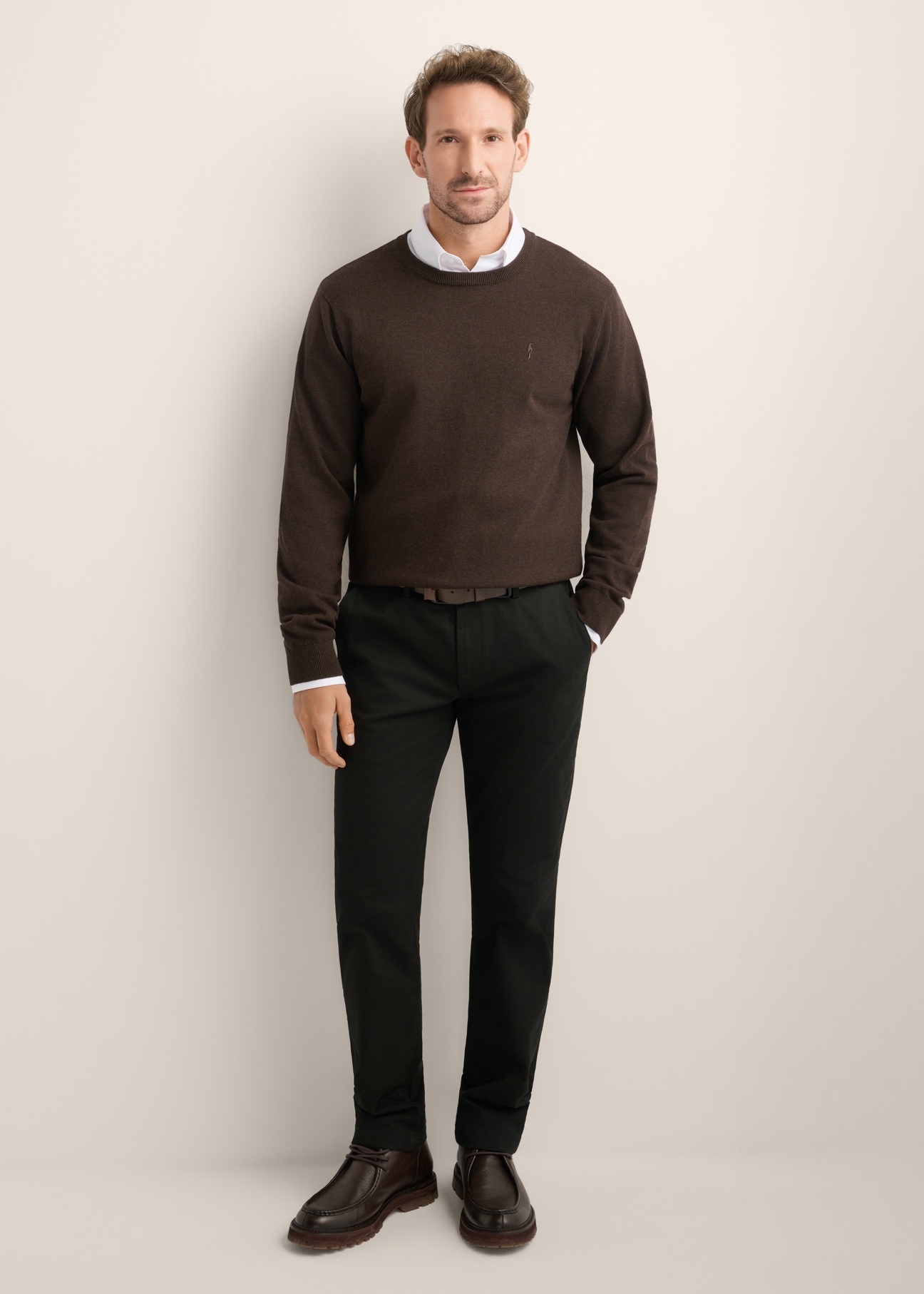 Men's brown cotton sweater SWEMT-0114A-1I(Z26), front product view on model. Full body visible.