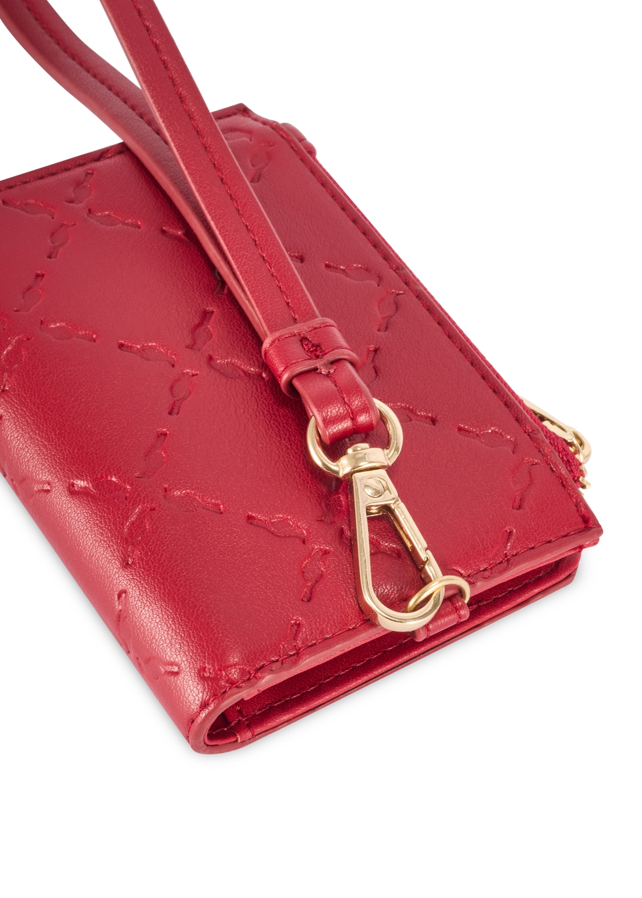 Red small women's wallet with handle POREC-0407-4B(W26) - close-up detail, on white background.