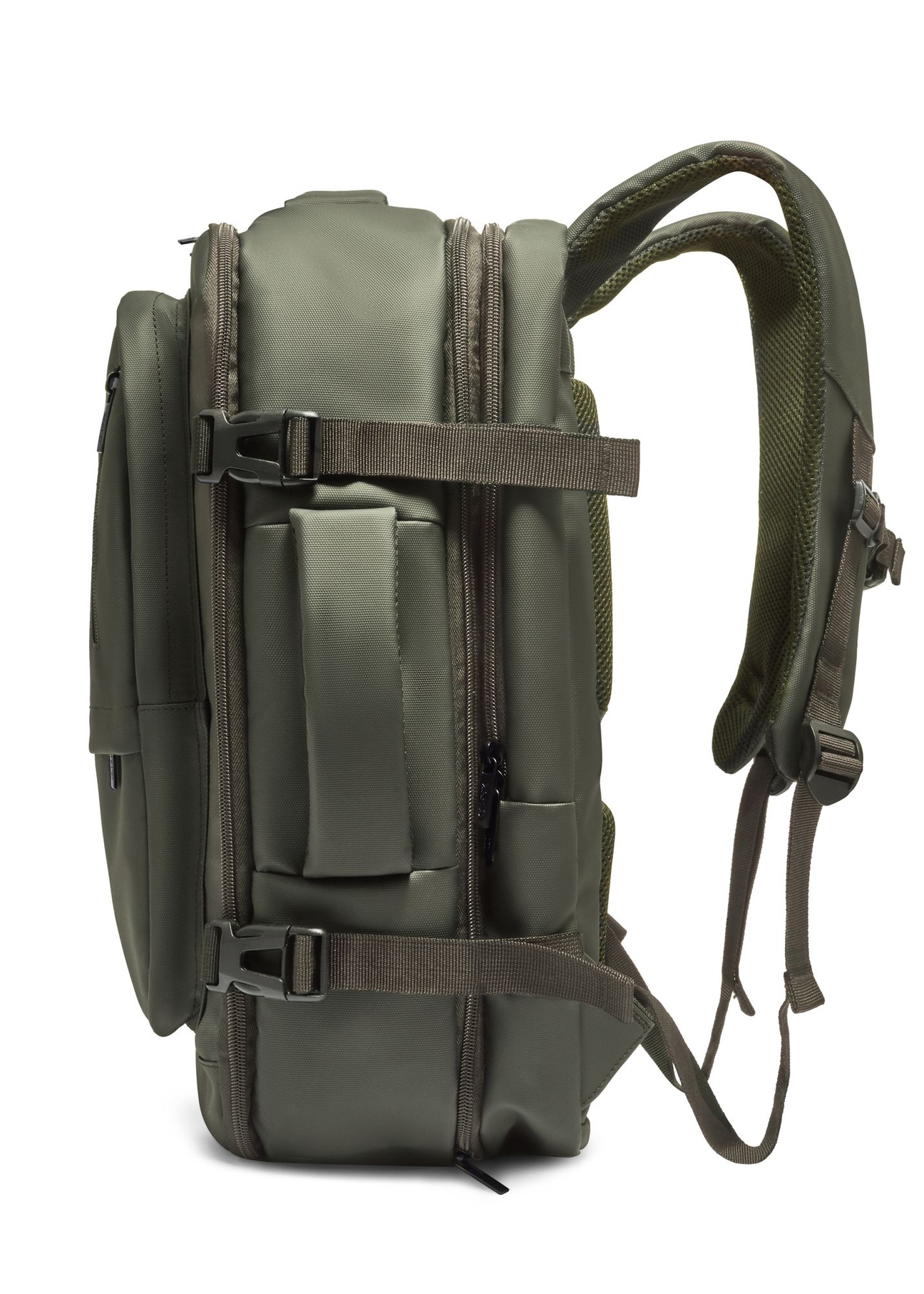 Large khaki travel backpack PLCMN-0018-8D(Z26) - side product view, on white background.