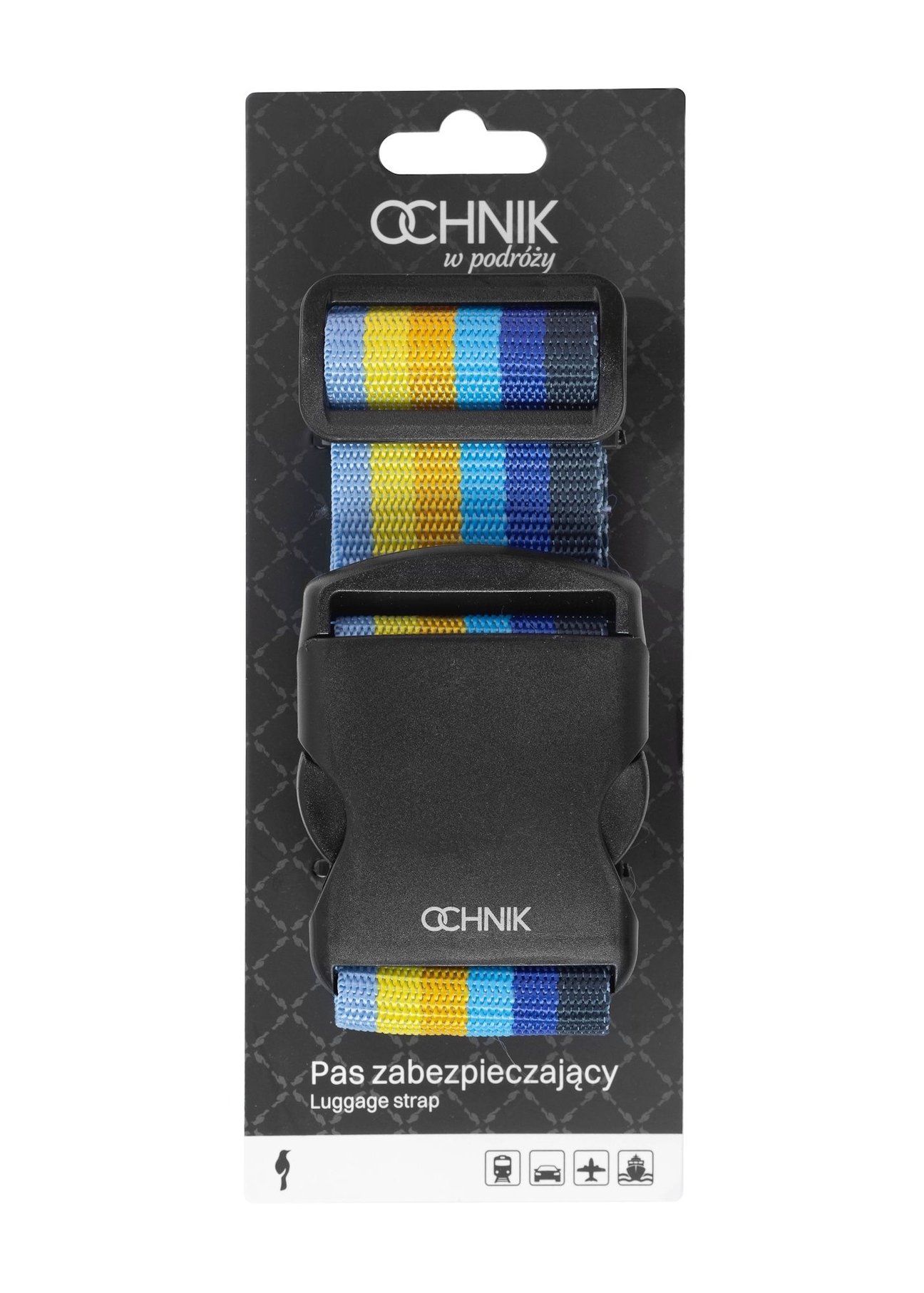 Luggage belt AW-011-0001-61(W25), product view with packaging on front on white background.