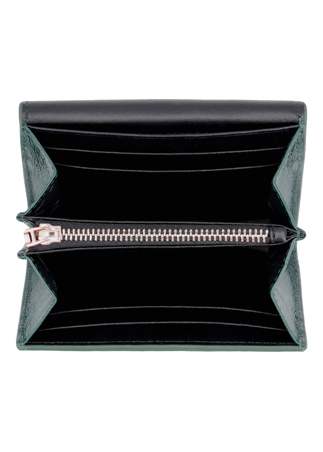 Small women's leather wallet in dark green color PORES-1029-8C(Z26), product view inside on white background.