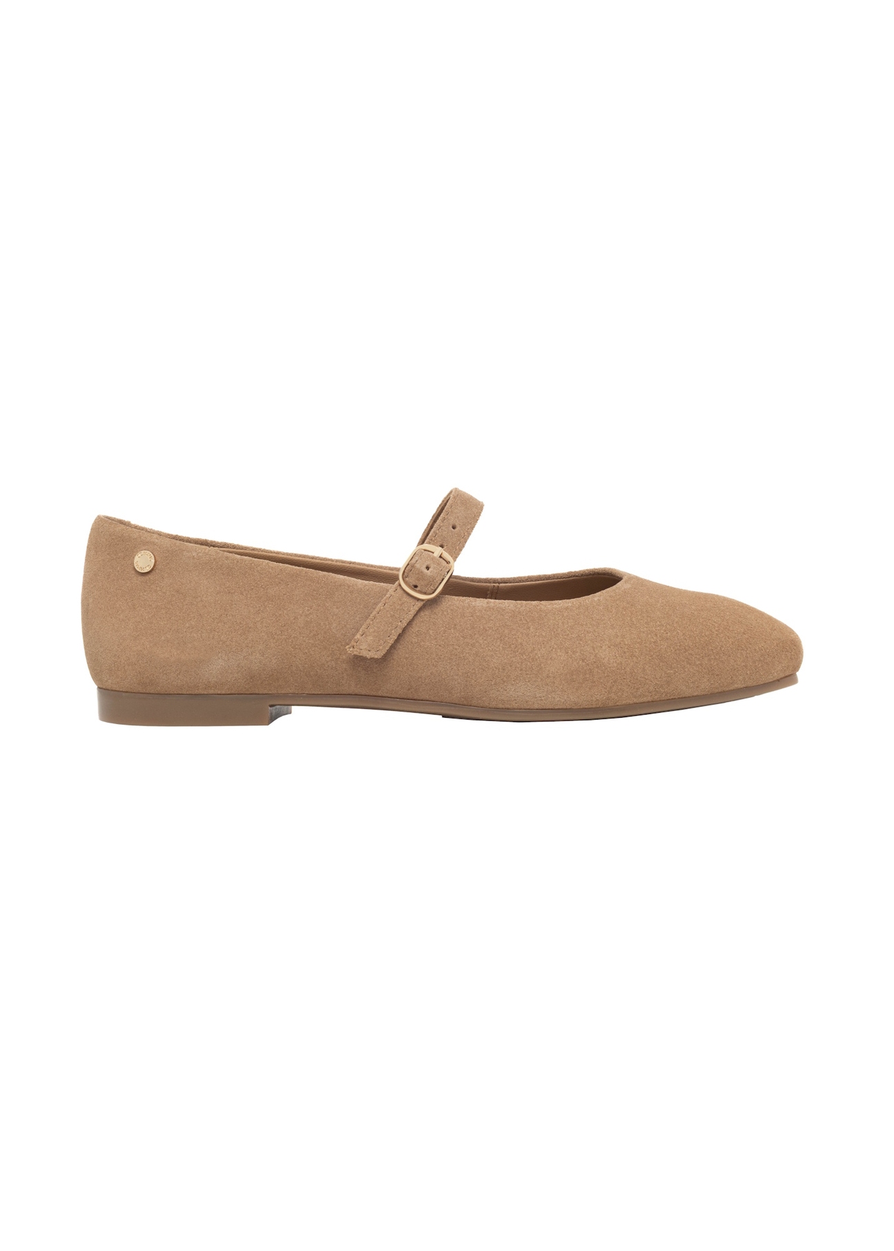 Beige suede ballet flats with belt BUTYD-1145-1B(Z26), side view of the product on a light background.