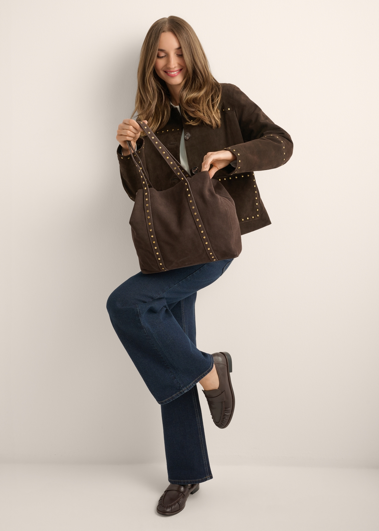 Brown suede women's handbag with studs TORES-1382-1I(Z26), front product view with model's silhouette.