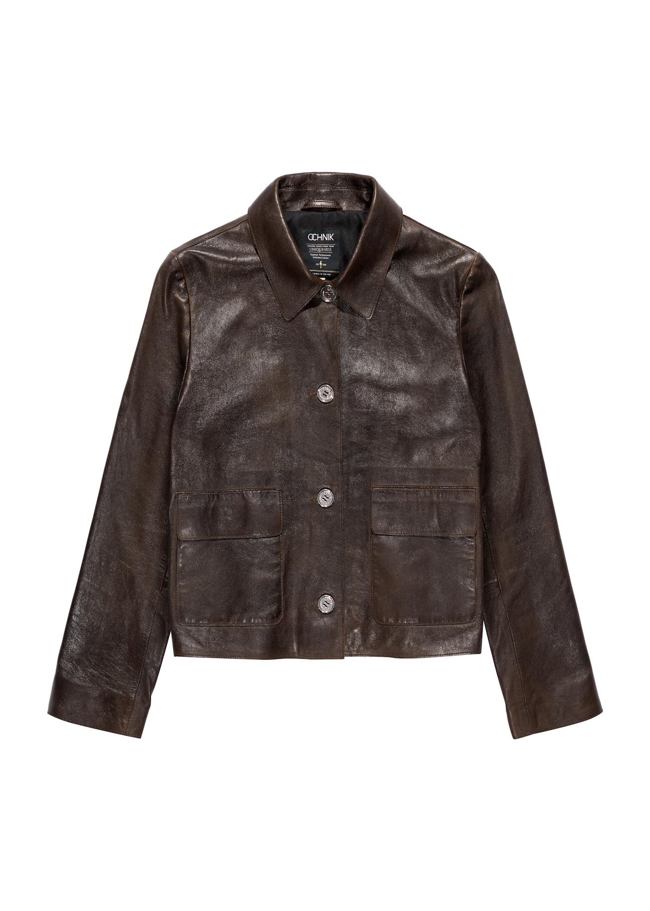 Brown women's leather short jacket KURDS-0552-2868(Z25) - front product view on white background.