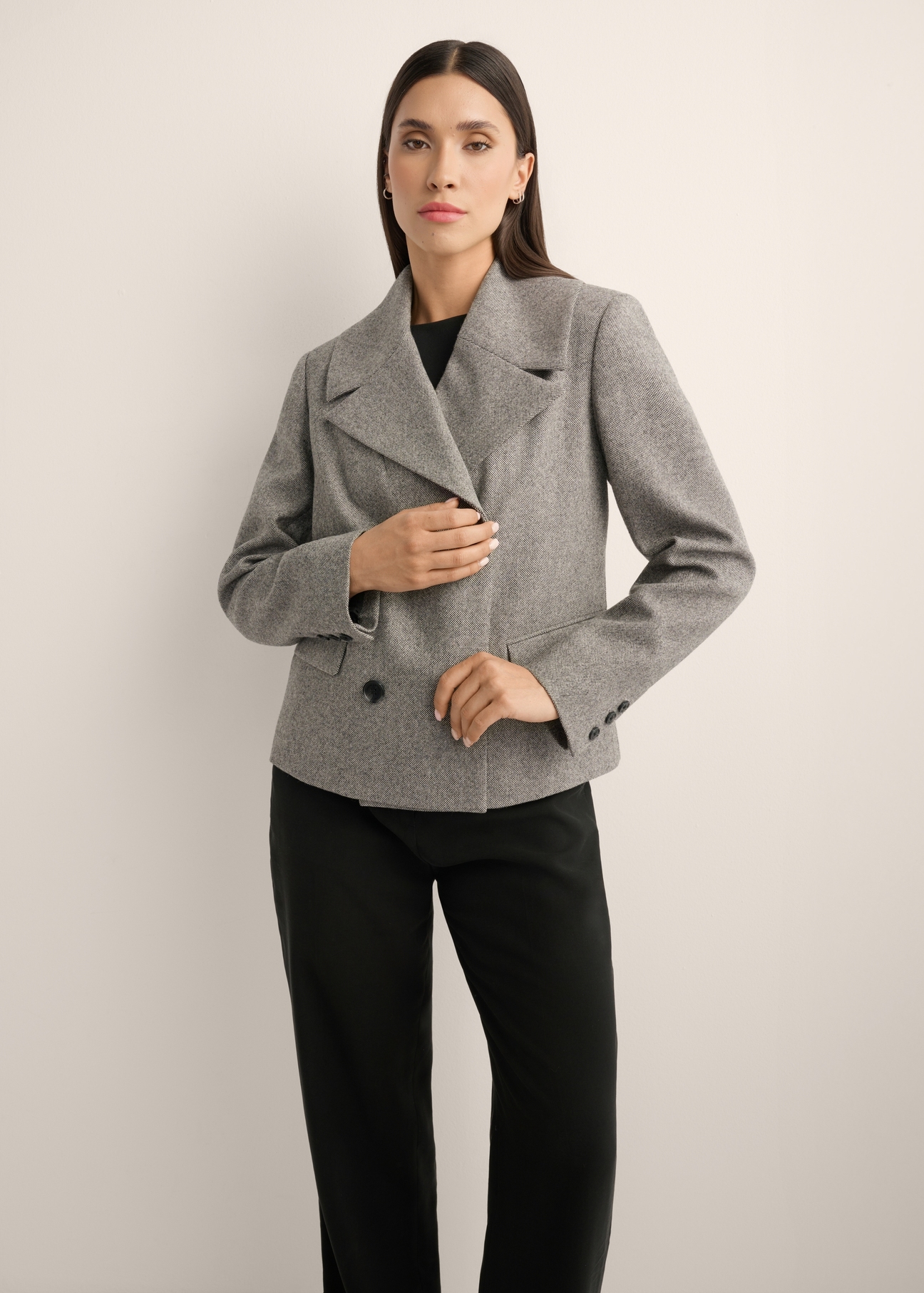 Women's short wool coat PLADT-0080-9C(Z26), product view from the front on the model, half of the silhouette visible.