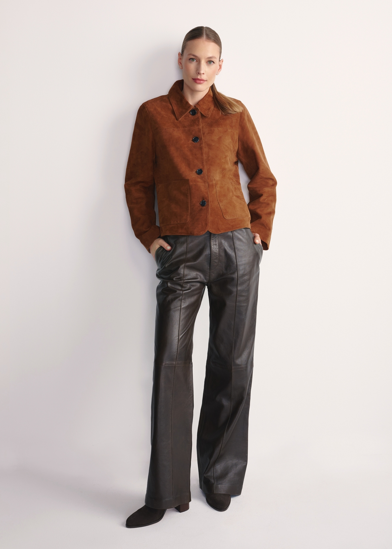 Brown women's suede jacket KURDS-0562-0775(Z25) - front product view on white background. Full silhouette visible.