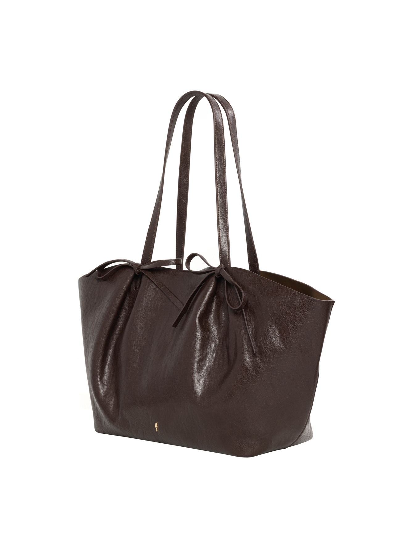 Brown shopper bag with bows TOREC-1378-1H(Z26), diagonal product view on white background.