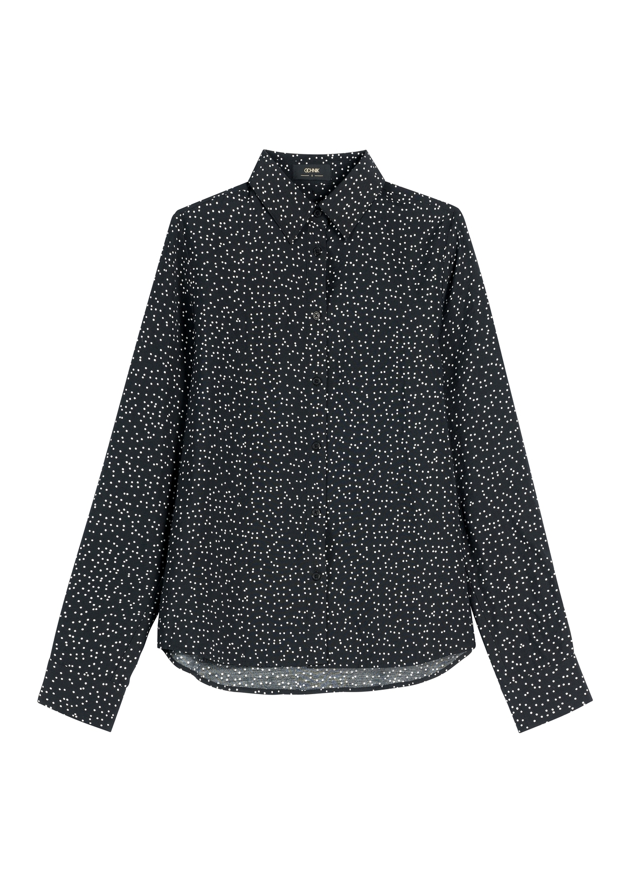 Women's black polka dot shirt KOSDT-0180-9P(W26) - front product view, on white background.