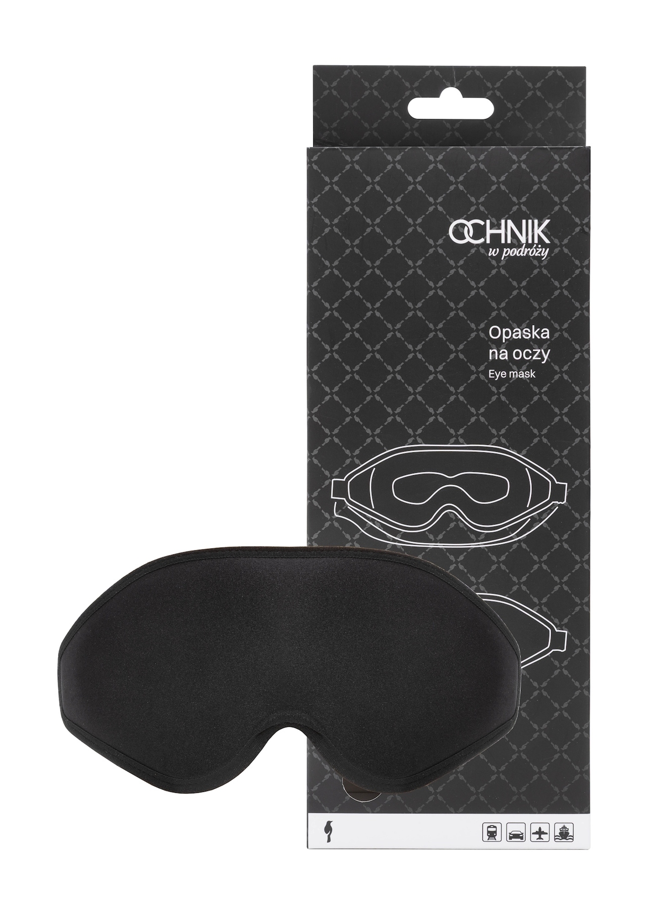 Black eye mask AW-017-0001-99(W25), product and packaging view on white background.