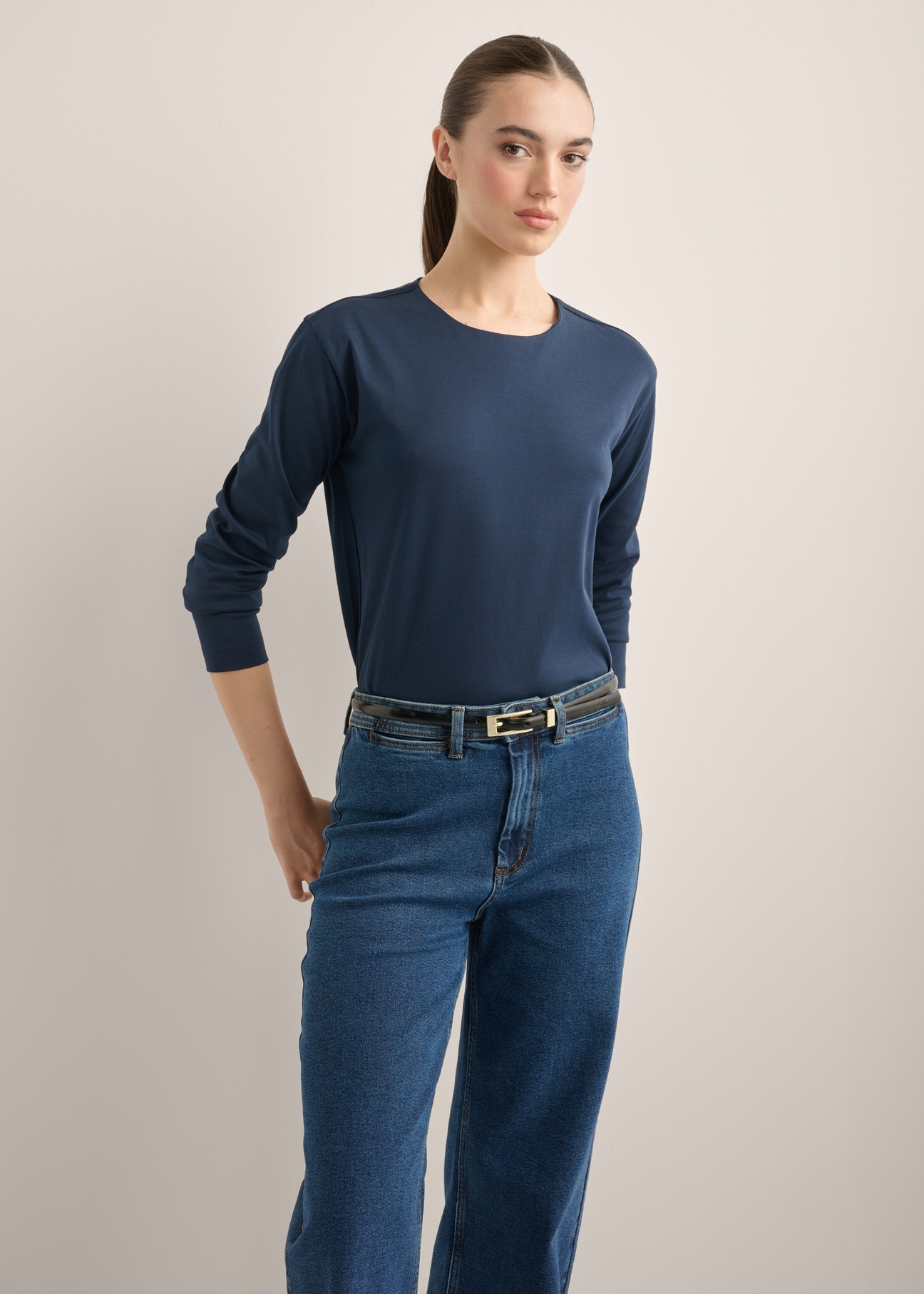 Women's navy blue cotton blouse LSLDT-0060-7E(Z26), front view of the product on the model. Half of the silhouette visible.
