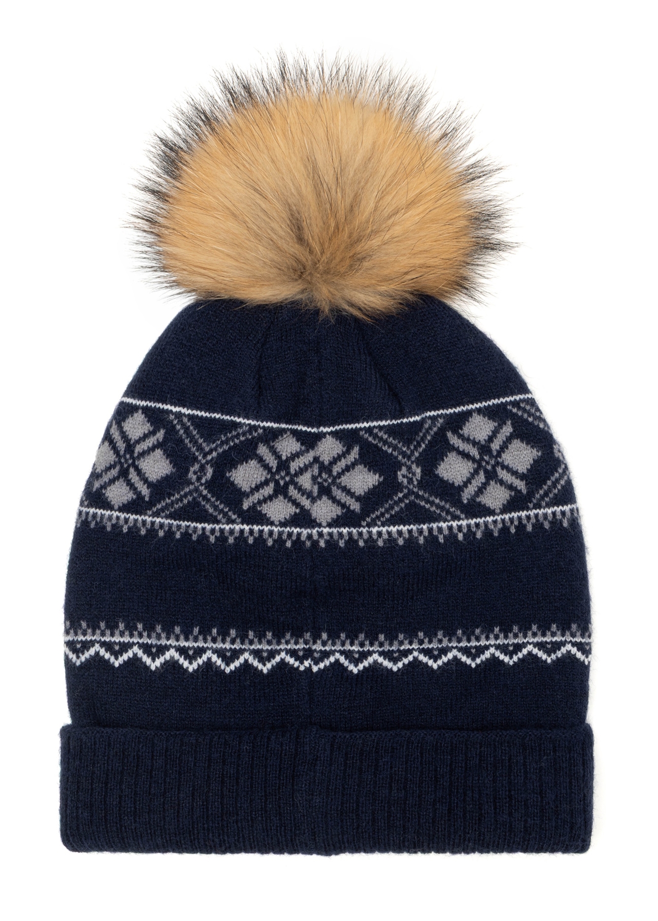 Navy blue men's hat with pompom CZADT-0083-7I(Z26), product view from the back on a white background.