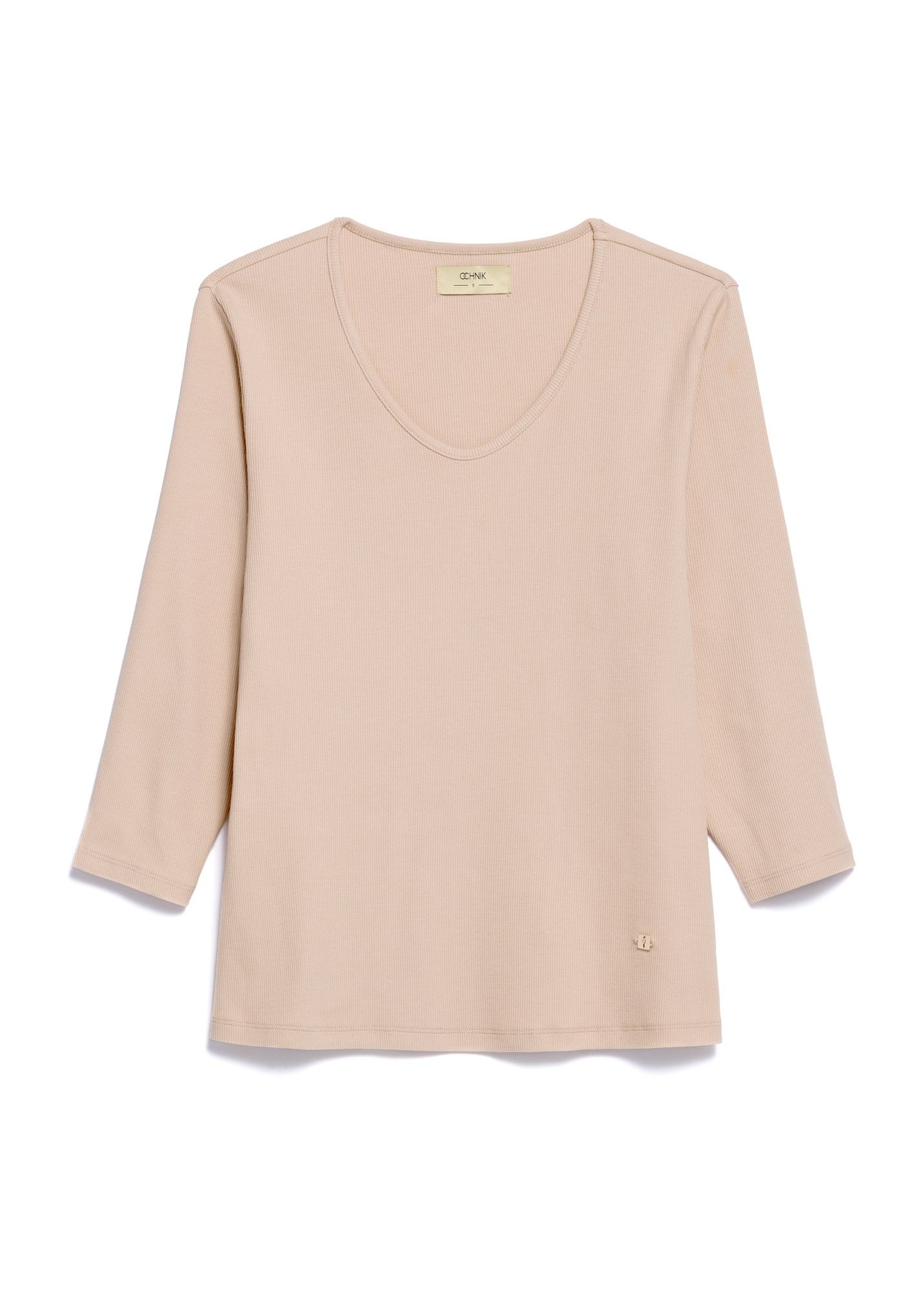 Beige women's V-neck blouse LSLDT-0036-1A(W26) - front product view, on white background.