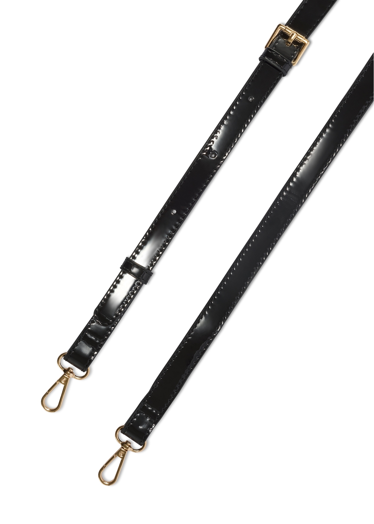 Black women's handbag with gloss TOREC-1110-99(Z25), close-up of the product's detachable strap, view on a white background.