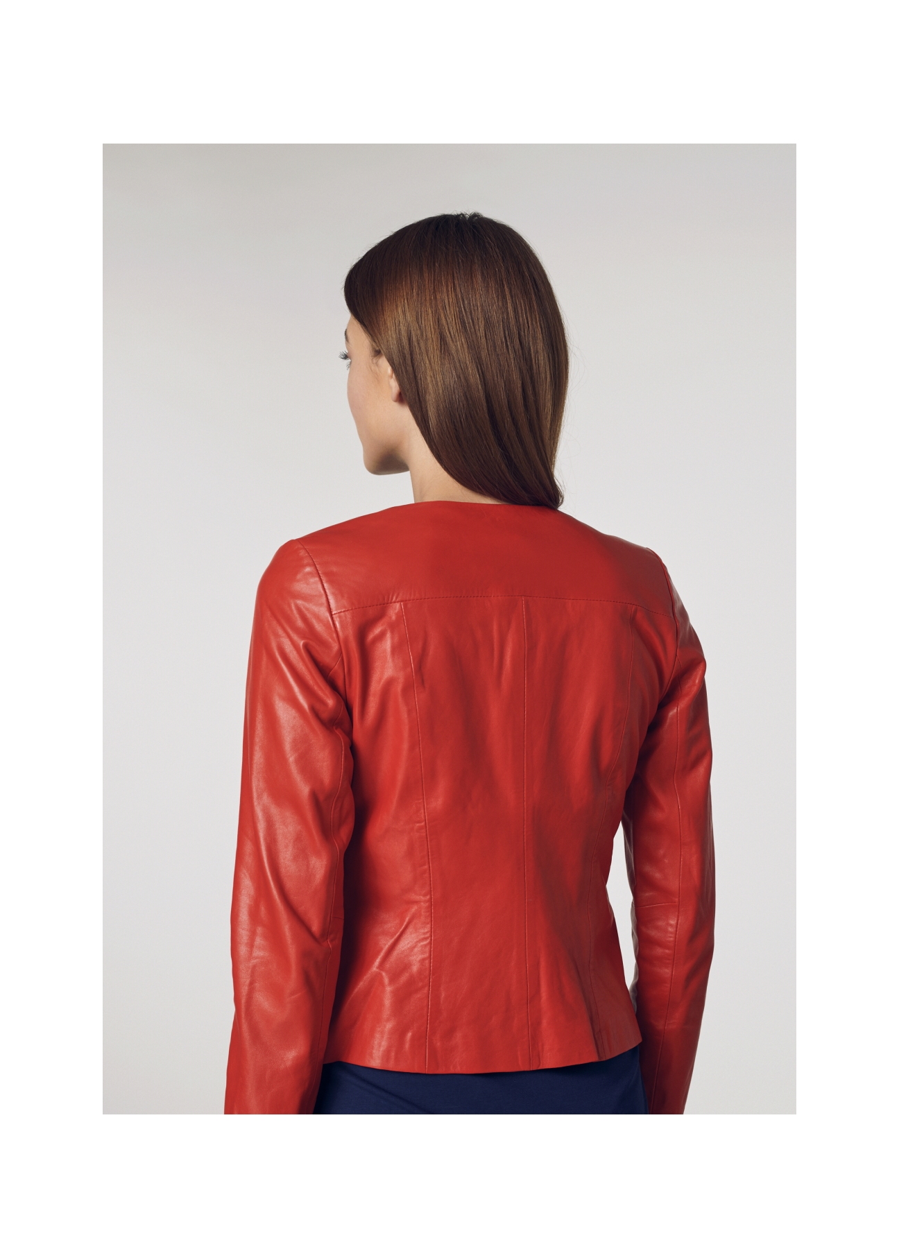Red waisted leather jacket for women KURDS-0155-1094(W21)-03