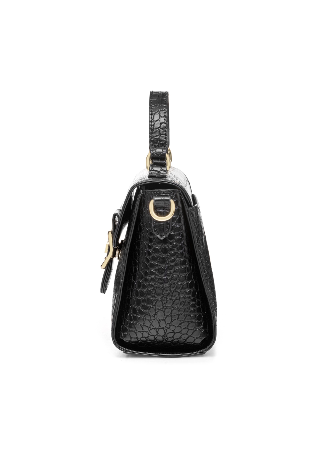 Black small women's croco handbag TOREC-0962A-97(Z25), side product view on white background.