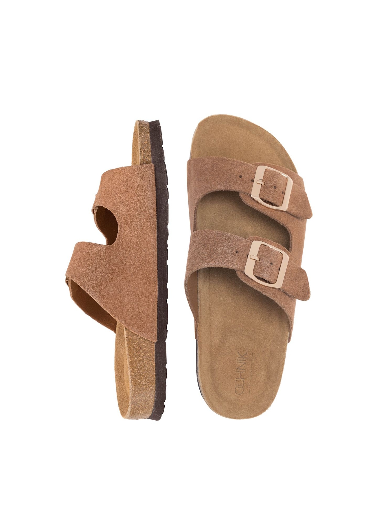 Women's leather camel flip-flops BUTYD-1158-1D(W26), top view of the product on a white background.