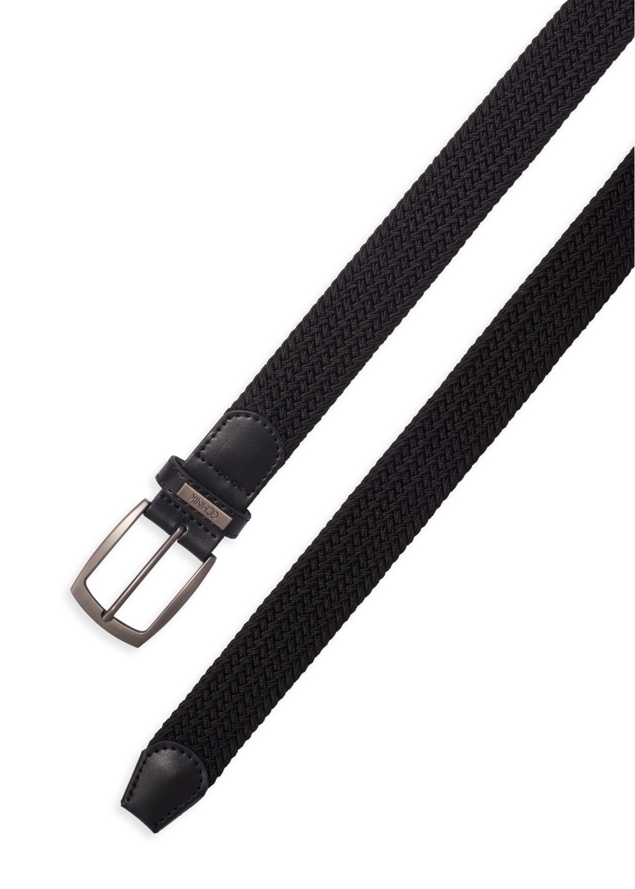 Black braided men's belt PASMT-0004-99(Z26), view of the product clasp on a white background.