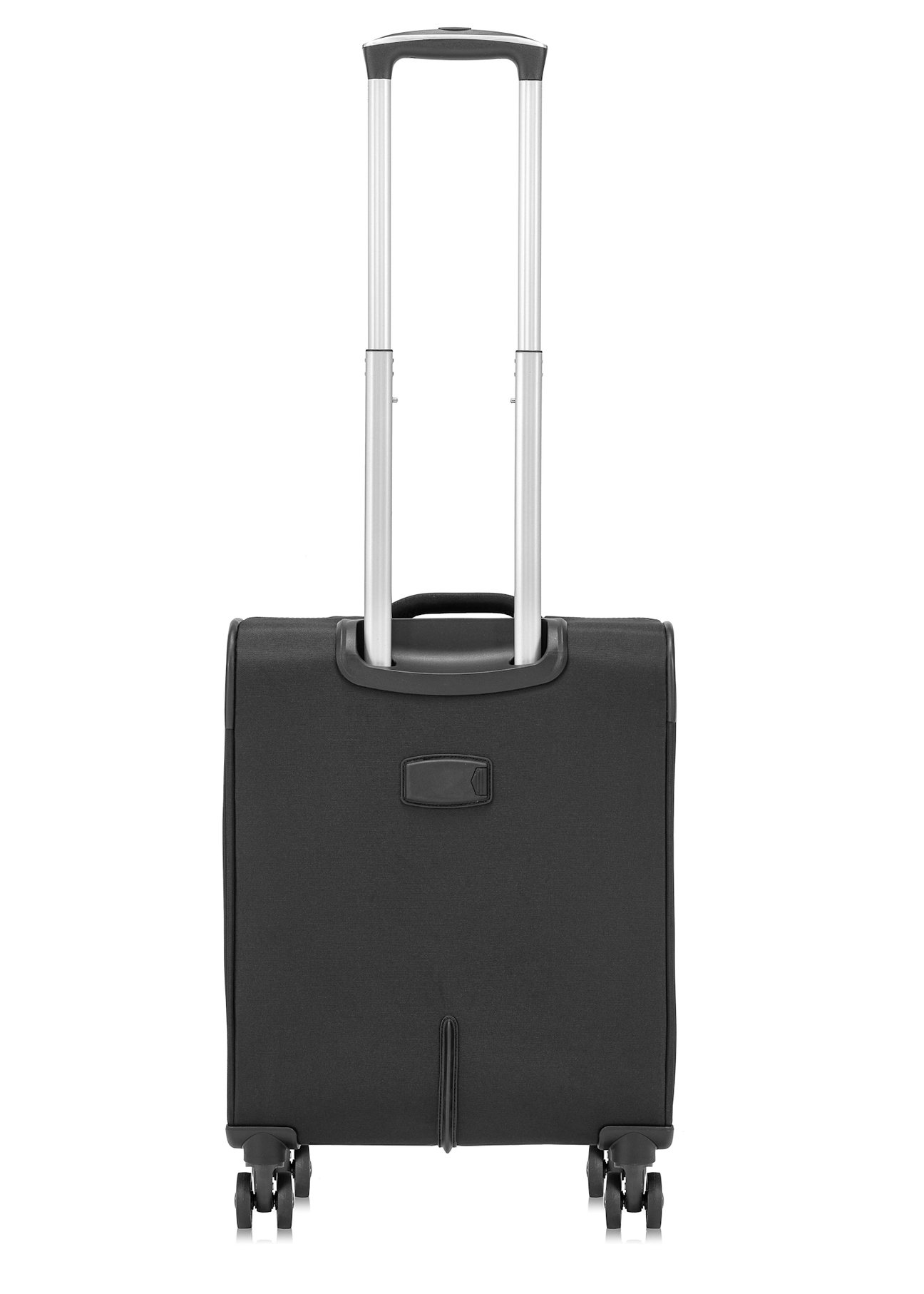 Small suitcase on wheels WALNY-0042-99-19(W25) - product view from the back on a white background.