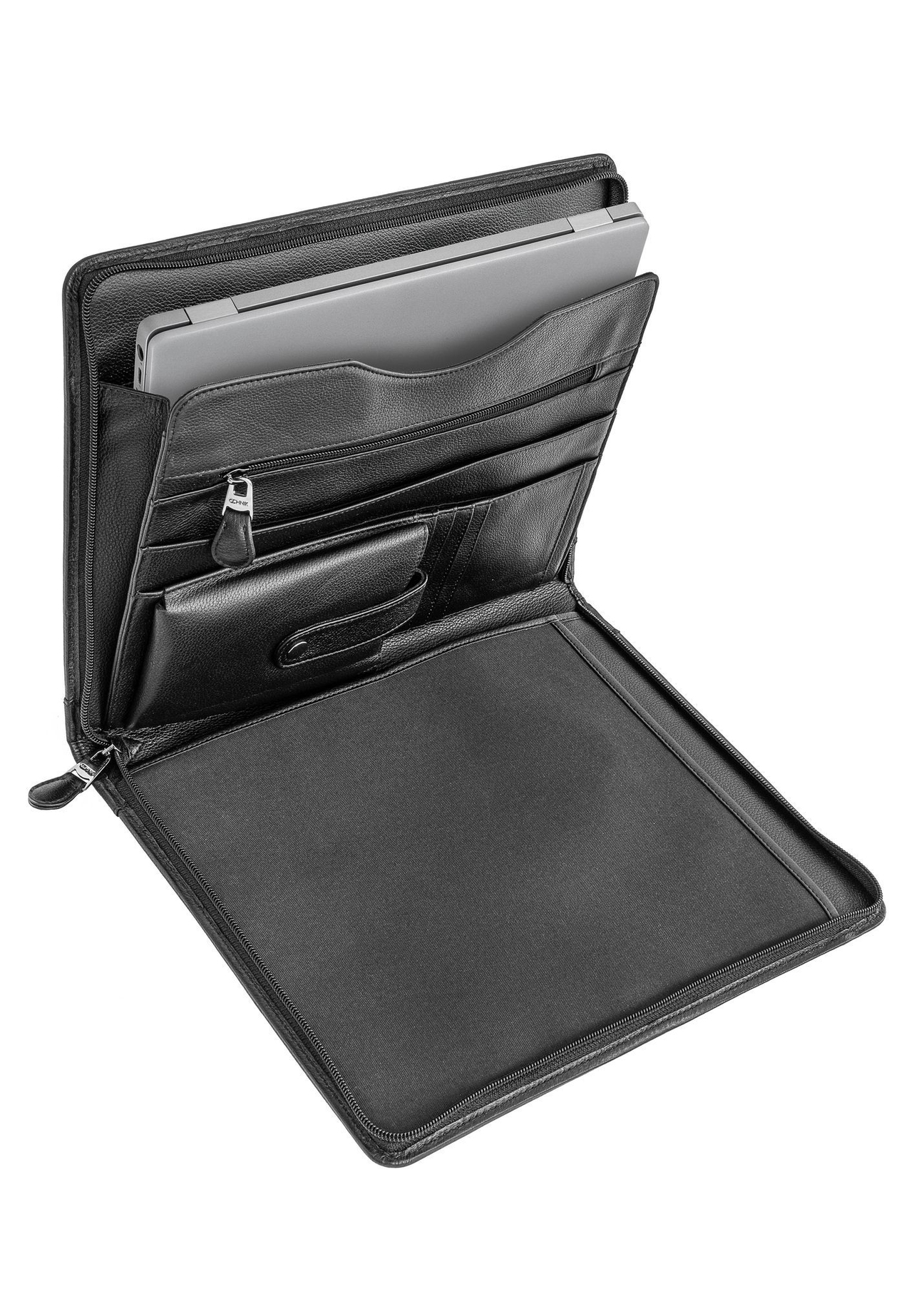 Men's black leather briefcase TORMS-0410R-9I(W26), product view inside on white background.