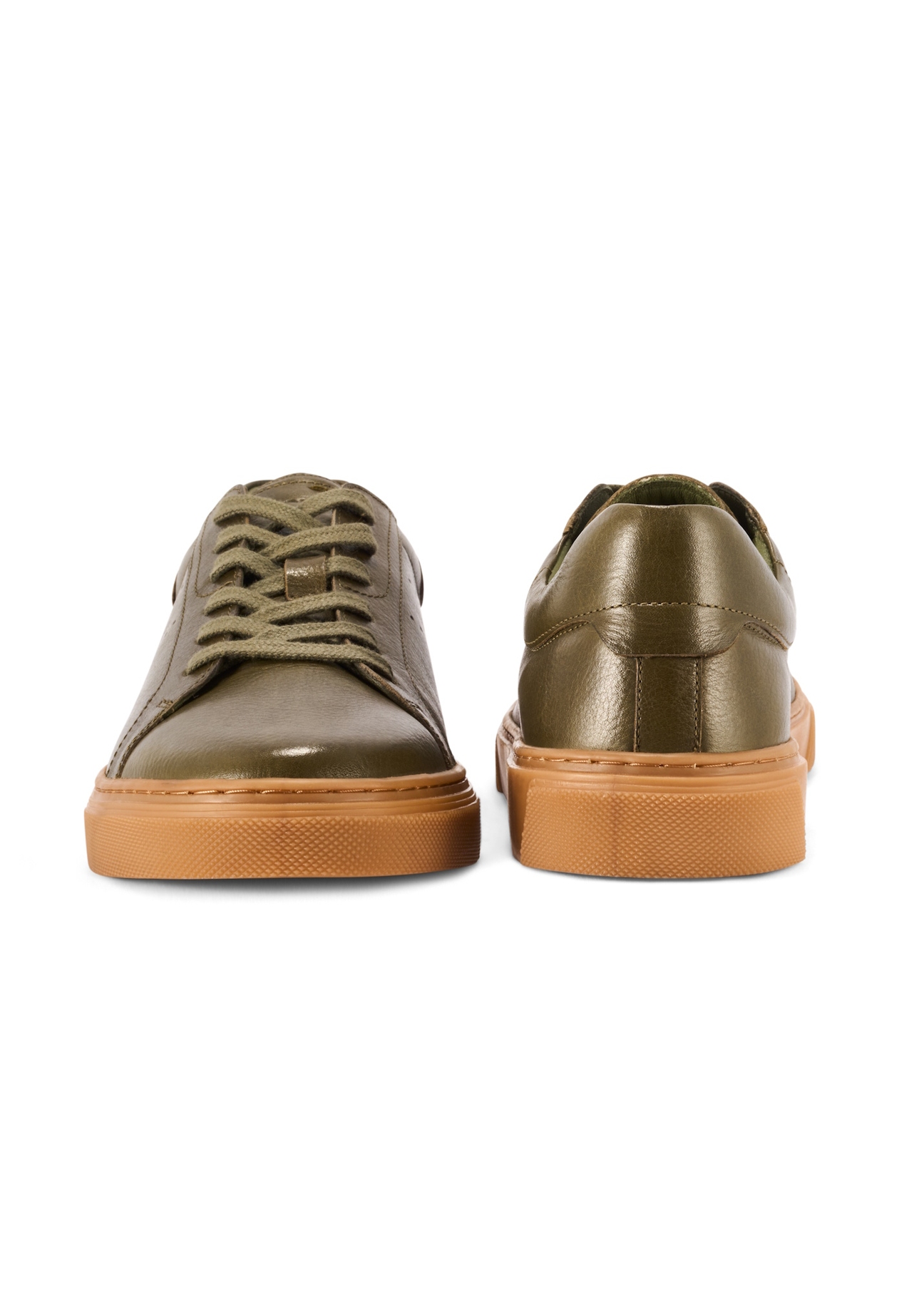 Men's khaki leather sneakers BUTYM-0486-8D(W26), front and back product view on white background.
