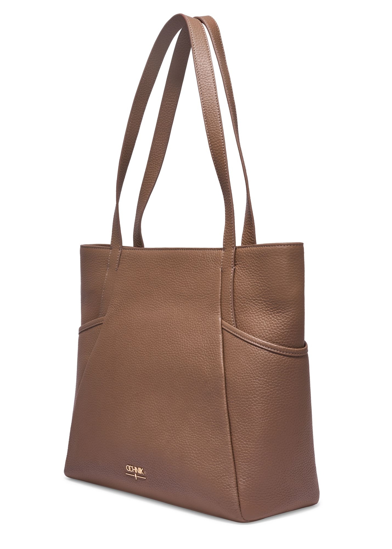 Leather shopper bag in cool beige color TORES-0980-1K(Z26) - diagonal view of the product, on a white background.