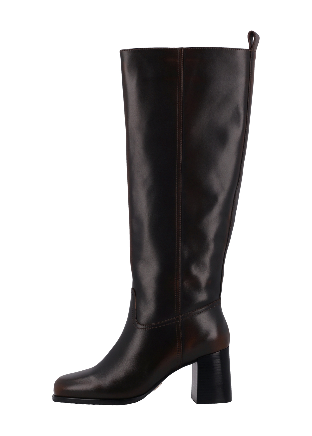 Dark brown leather women's boots with a block heel BUTYD-1335-1I(Z26), side view of the product on a white background.