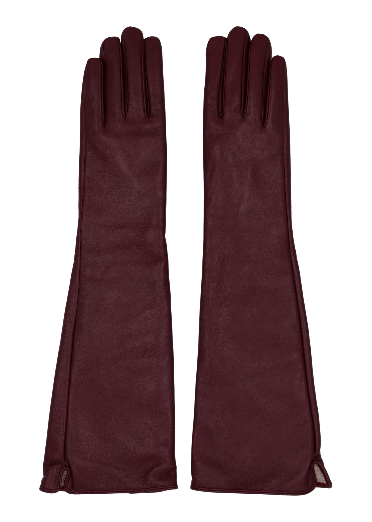 Long leather burgundy women's gloves REKDS-0088-4D(Z26), front product view on white background.