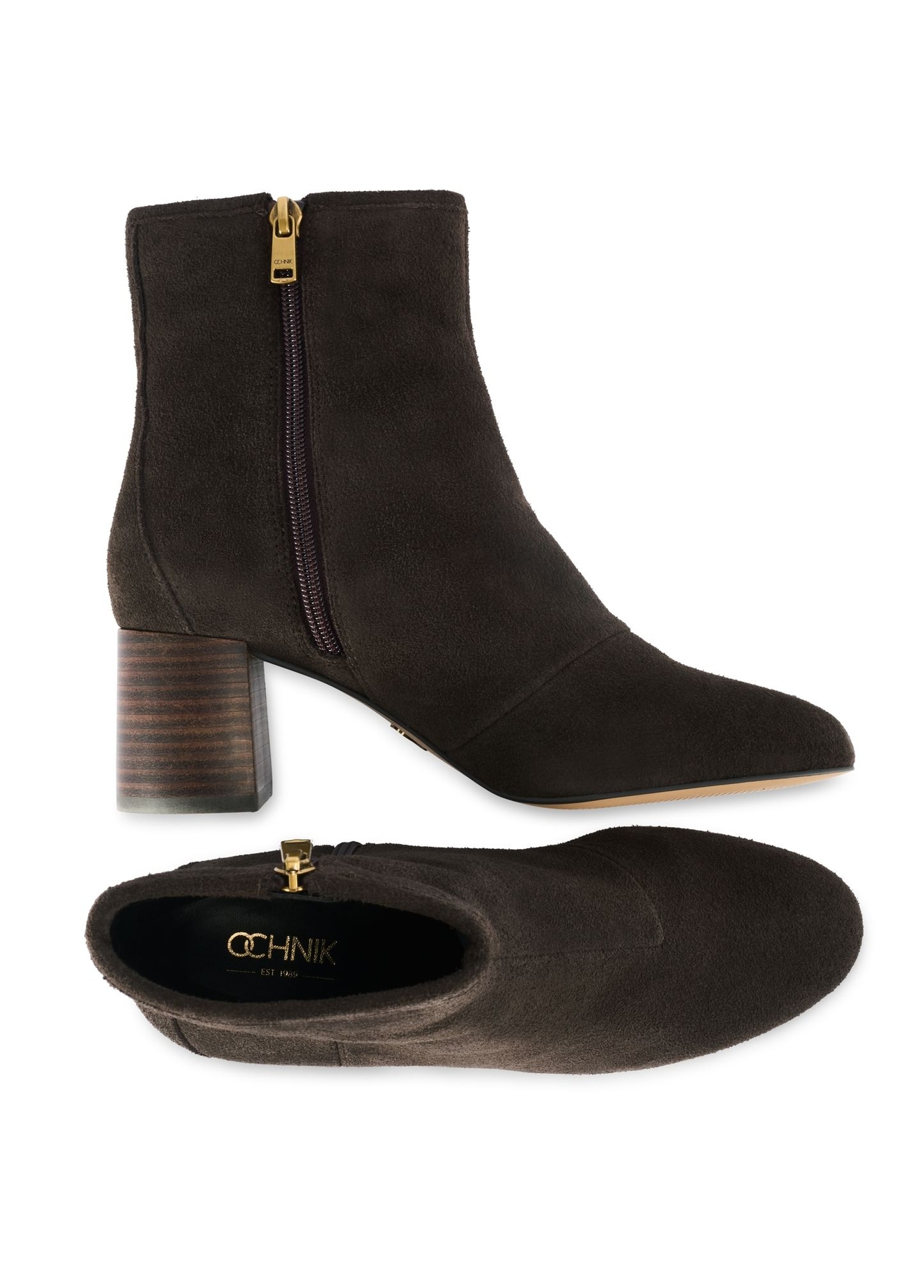 Brown suede high-heeled ankle boots BUTYD-1218-1I(Z26), product view from the top and side on a white background.