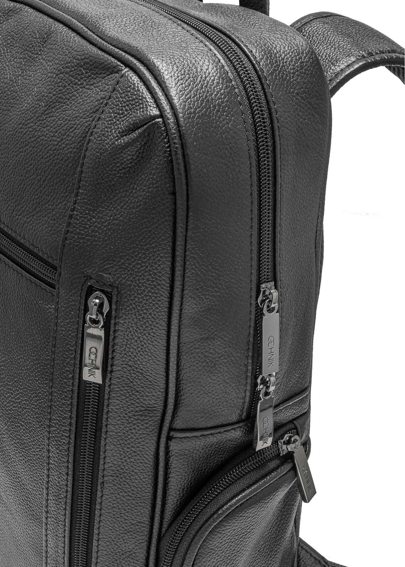 Men's black leather backpack TORMS-0477-99(Z25), close-up of product detail, view on white background.