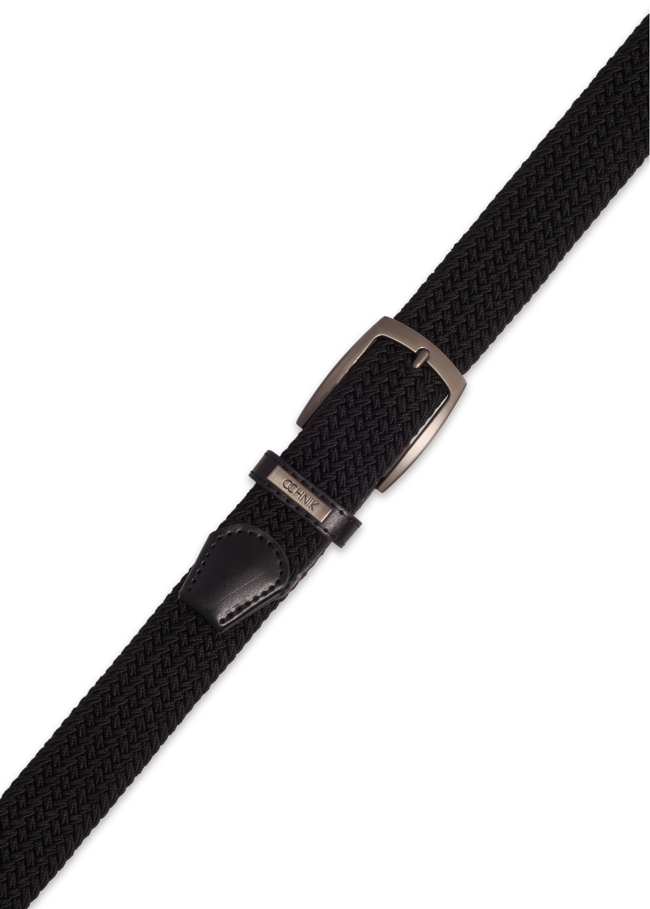 Black braided men's belt PASMT-0004-99(Z26), view of the buckle of the product on a white background.