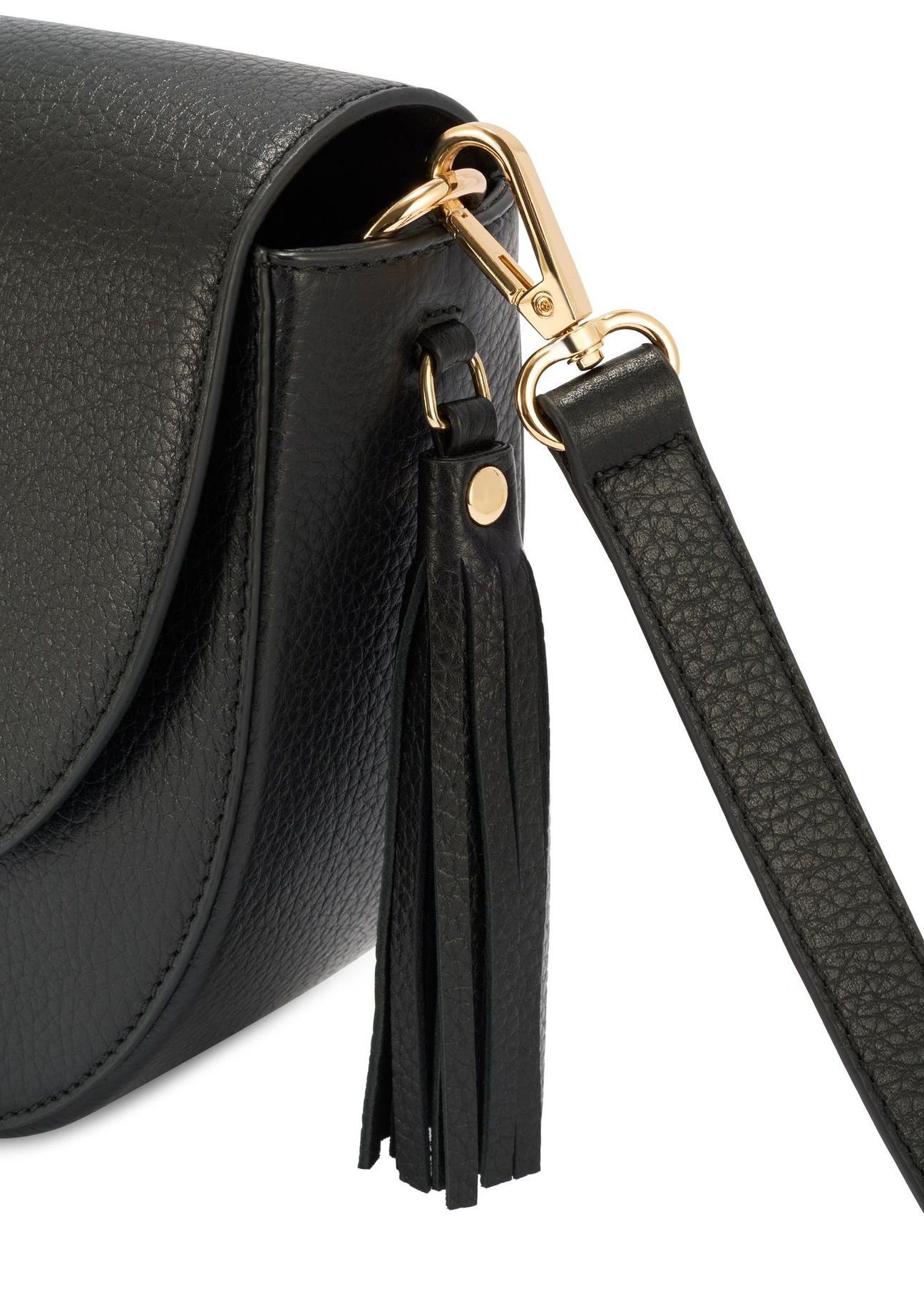 Women's black leather messenger bag TORES-1283-9I(W26) - close-up detail, on white background.