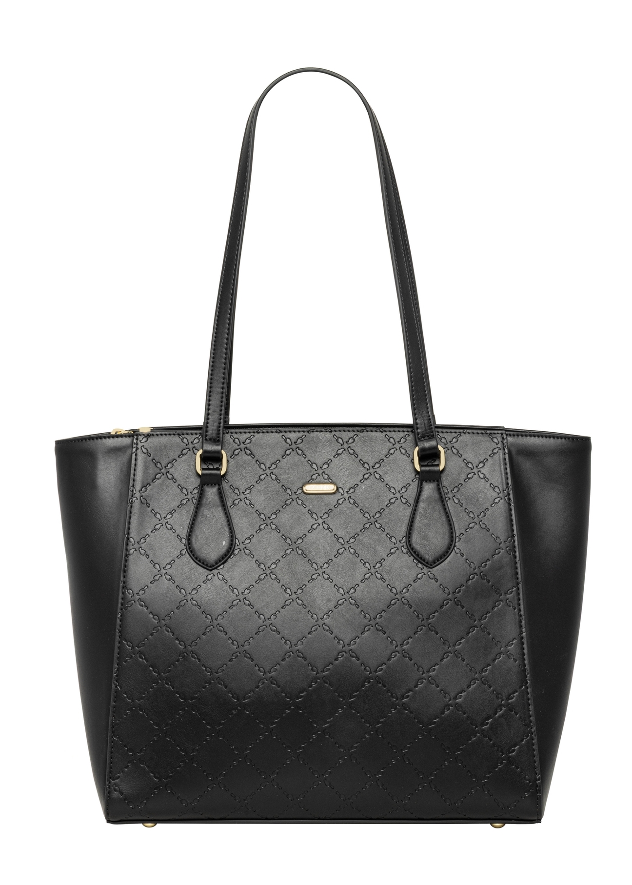 Black women's shopper bag with monogram TOREC-1291-9P(Z26), product view from the front on a white background.