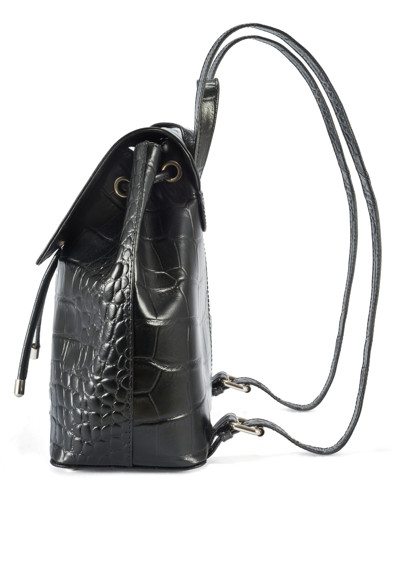 Black croco leather women's backpack TORES-1131-99(Z25), side view of the product on a white background.