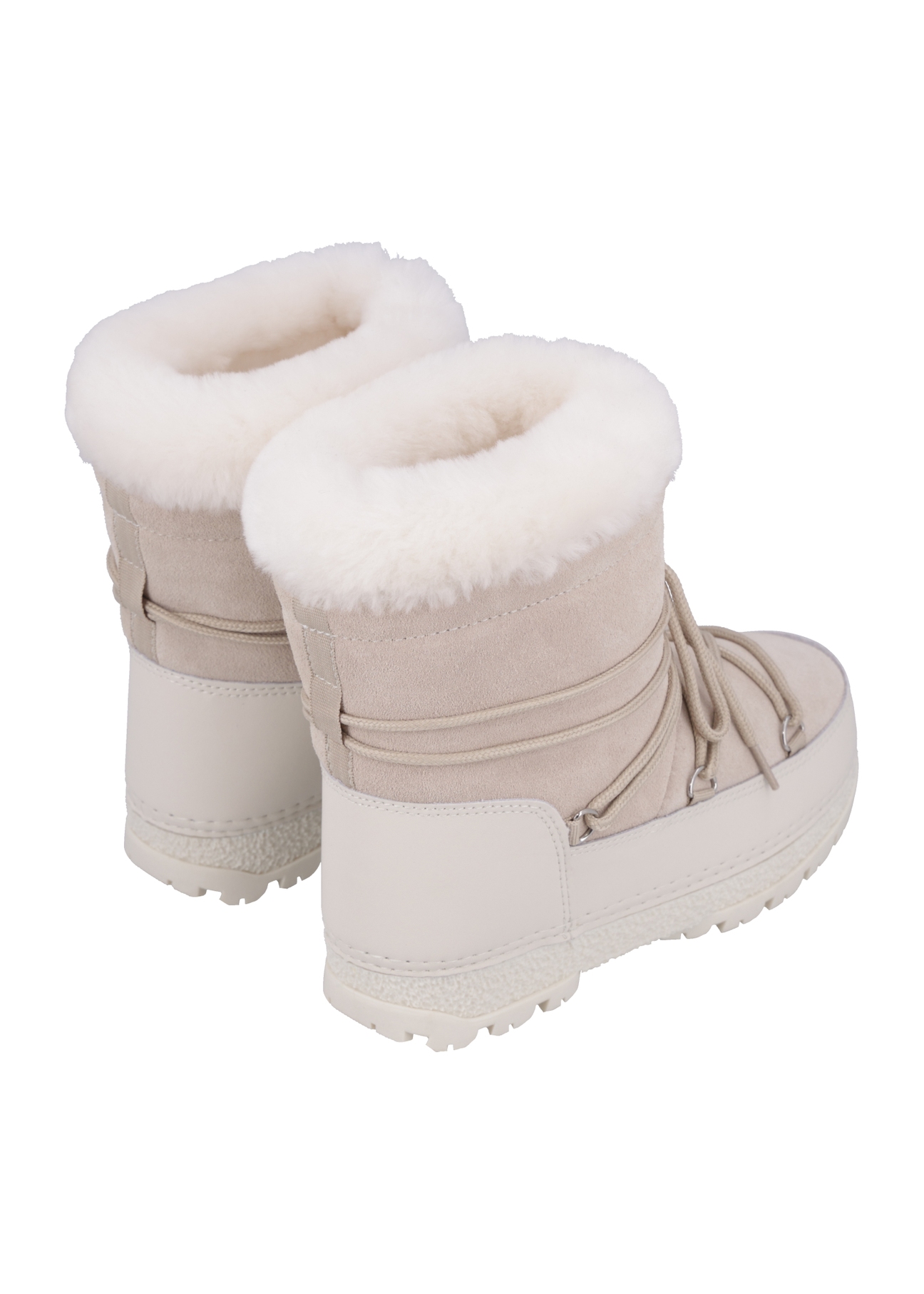Cream women's snow boots BUTYD-1315-0C(Z26), product view from the back on a white background.