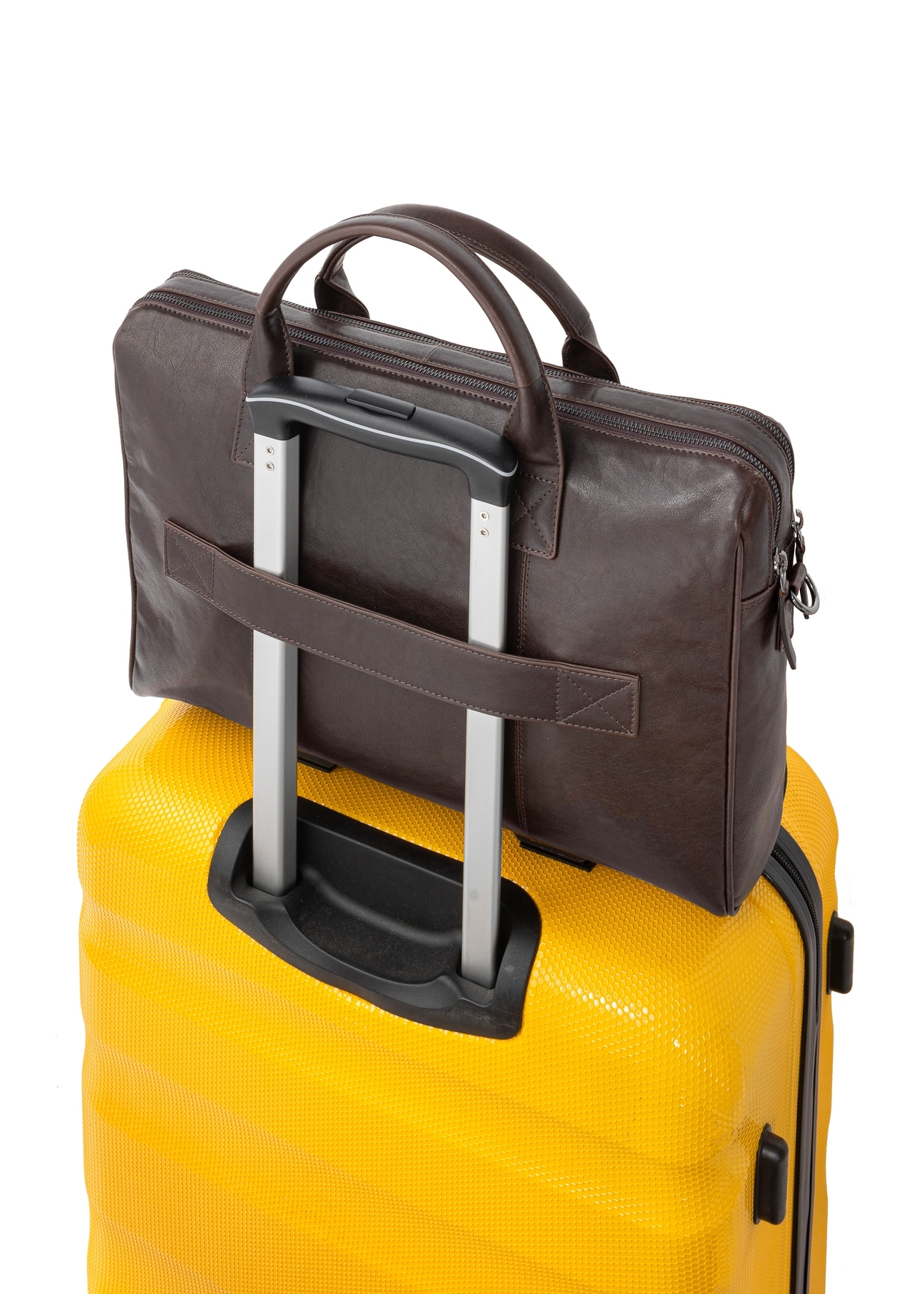 Brown leather men's bag TORMS-0459-89(Z25), product view from the back on the suitcase handle.