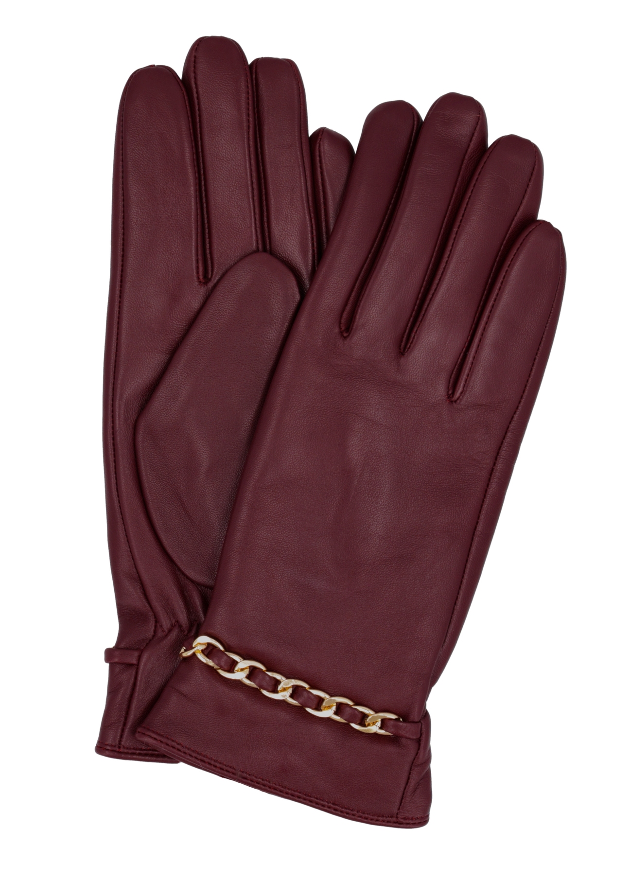 Burgundy women's leather gloves REKDS-0090-4D(Z26), front product view on white background.