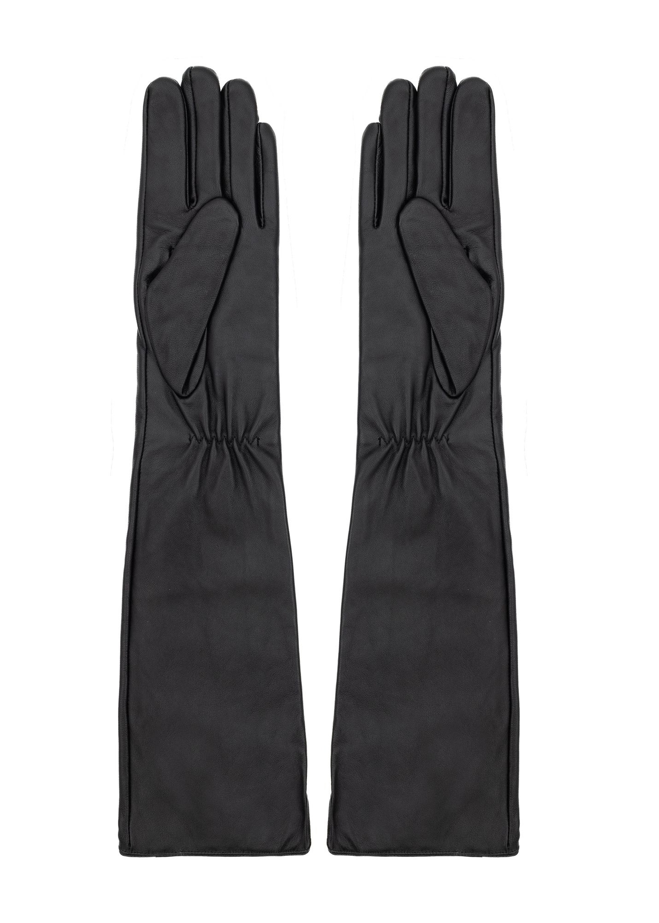 Long black leather women's gloves REKDS-0088-99(Z26), product view from the back on a white background.