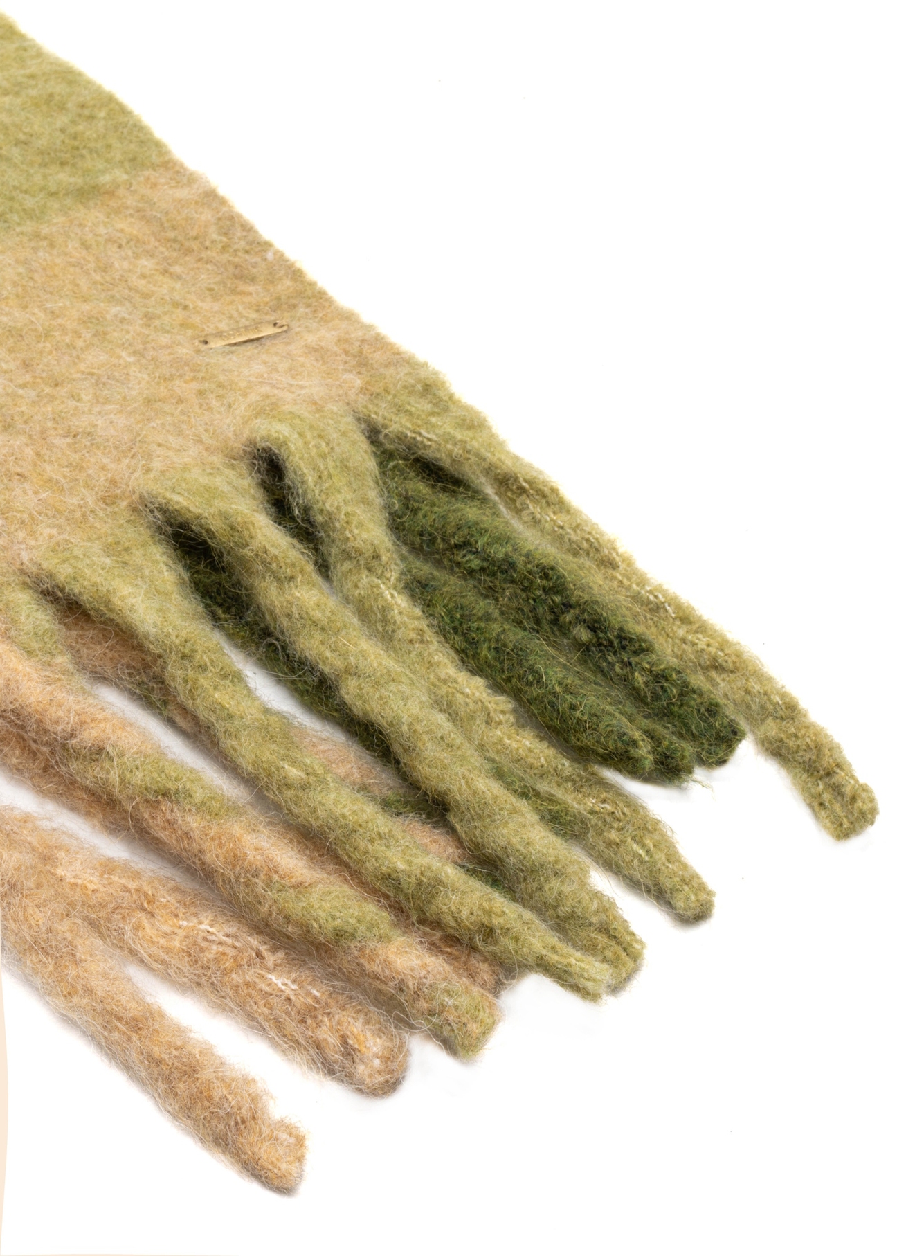 Green women's scarf with wool SZADT-0234-8P(Z26), close-up of the product detail on a white background.