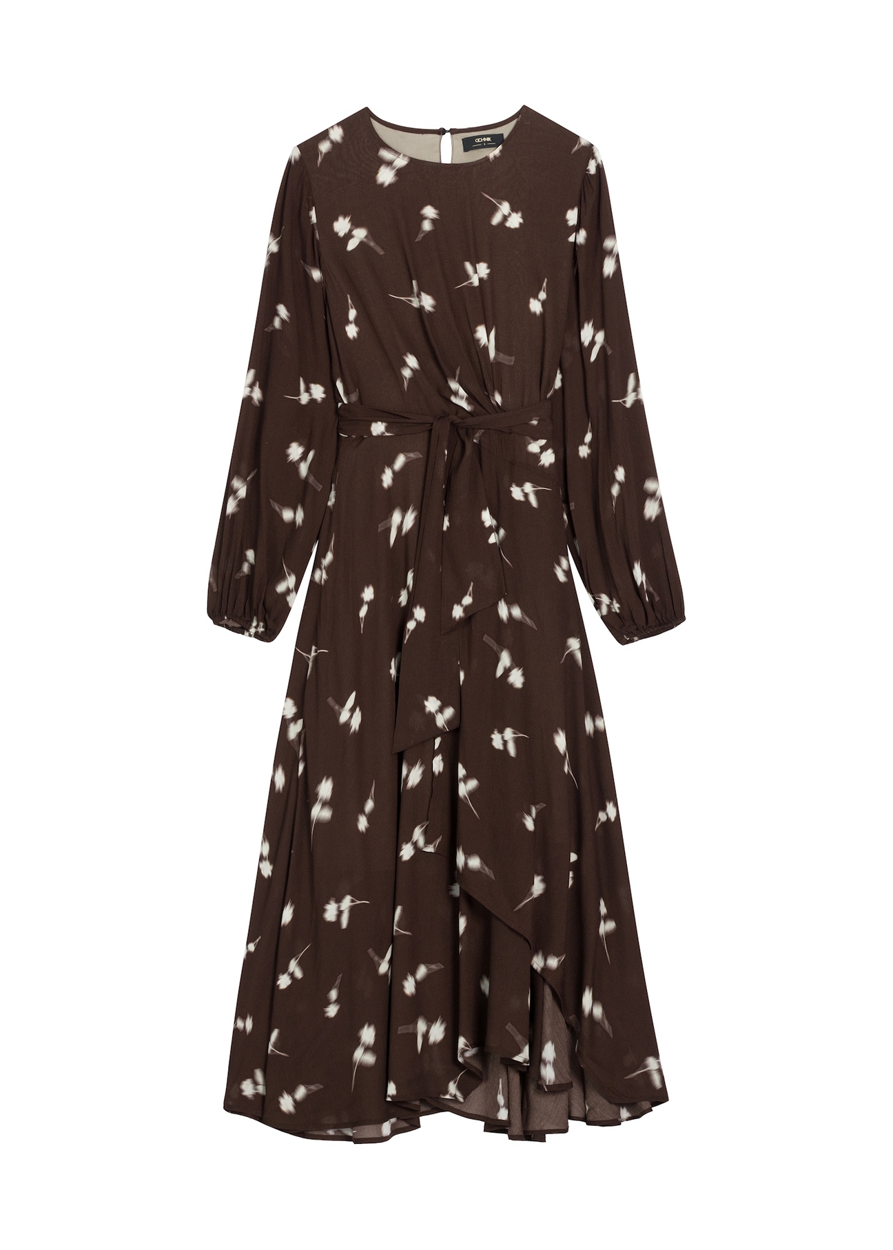 Brown floral midi dress SUKDT-0291-1P(Z26), front product view on white background.