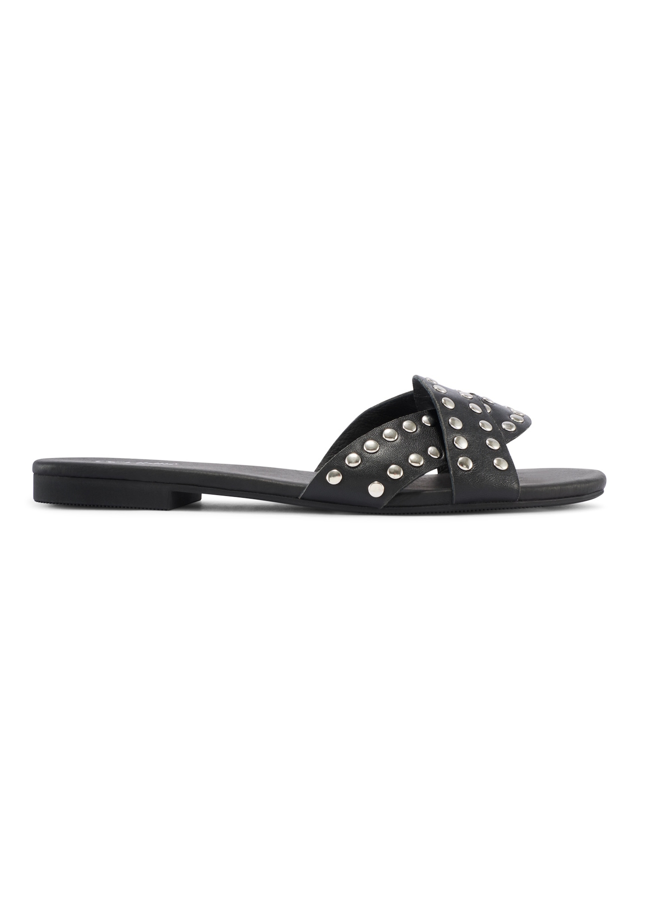 Women's black leather mules with rhinestones BUTYD-1226-99(W26), side view of the product on a white background.