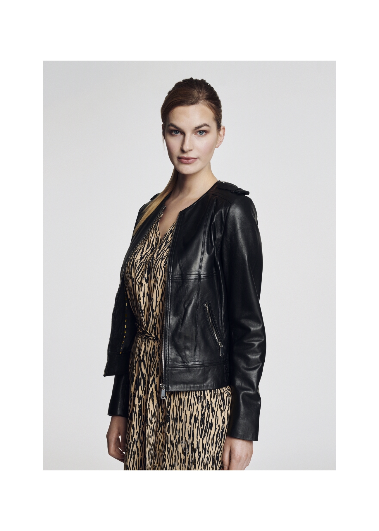 Women's leather jacket with epaulettes KURDS-0229-5477(KS)-05