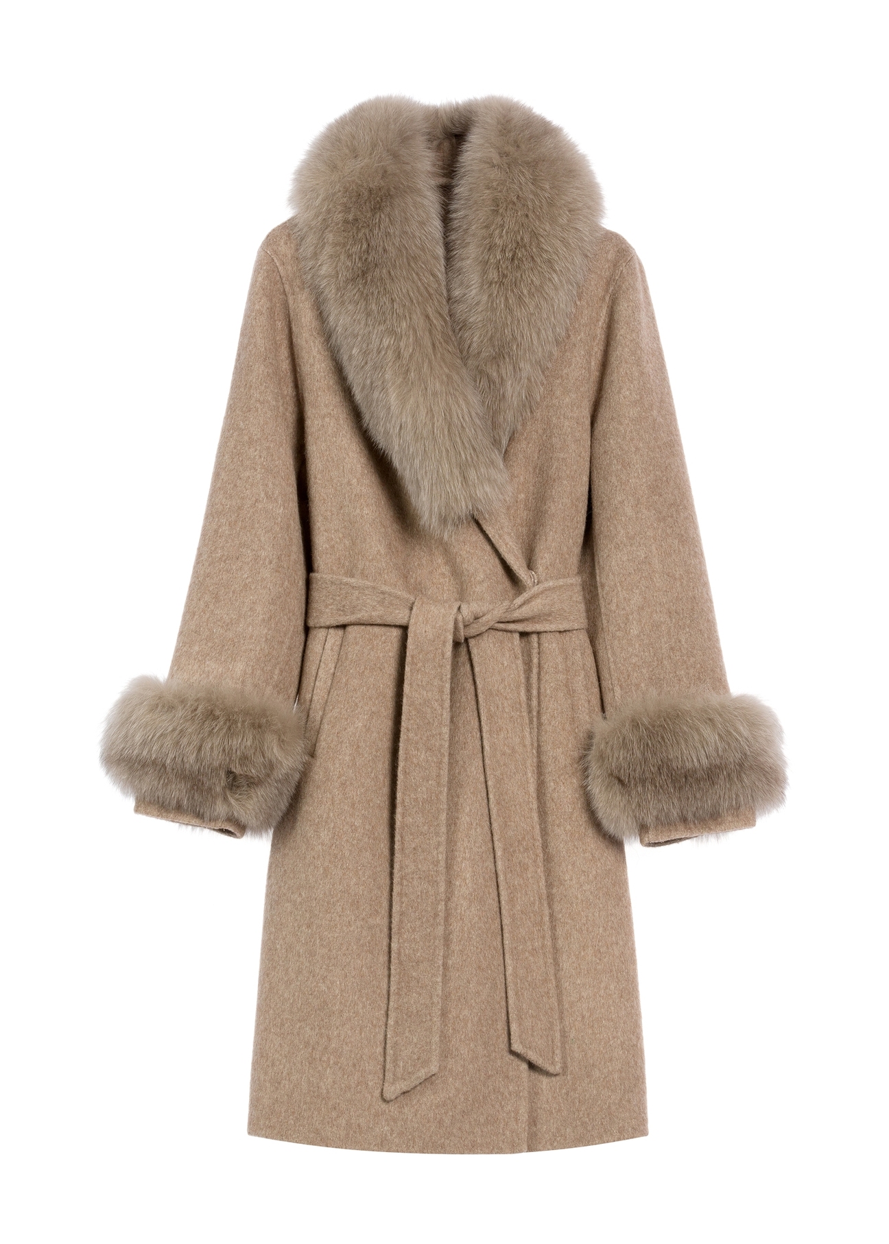 Women's long woolen fur coat in camel color FUTDF-0112-3181(Z25), product view from the front on a white background.