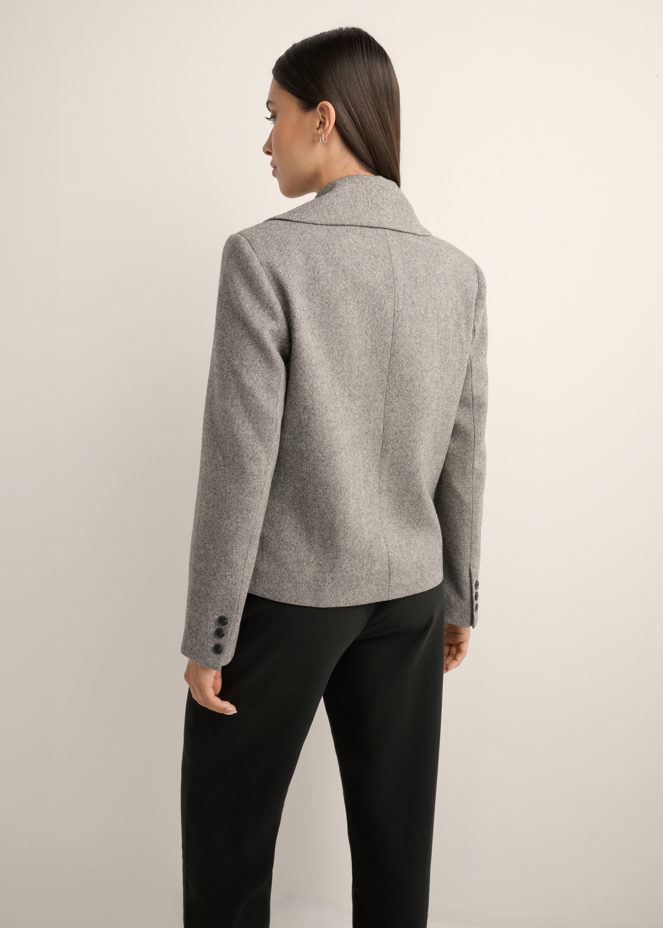 Women's short wool coat PLADT-0080-9C(Z26), product view from the back on the model, half of the silhouette visible.